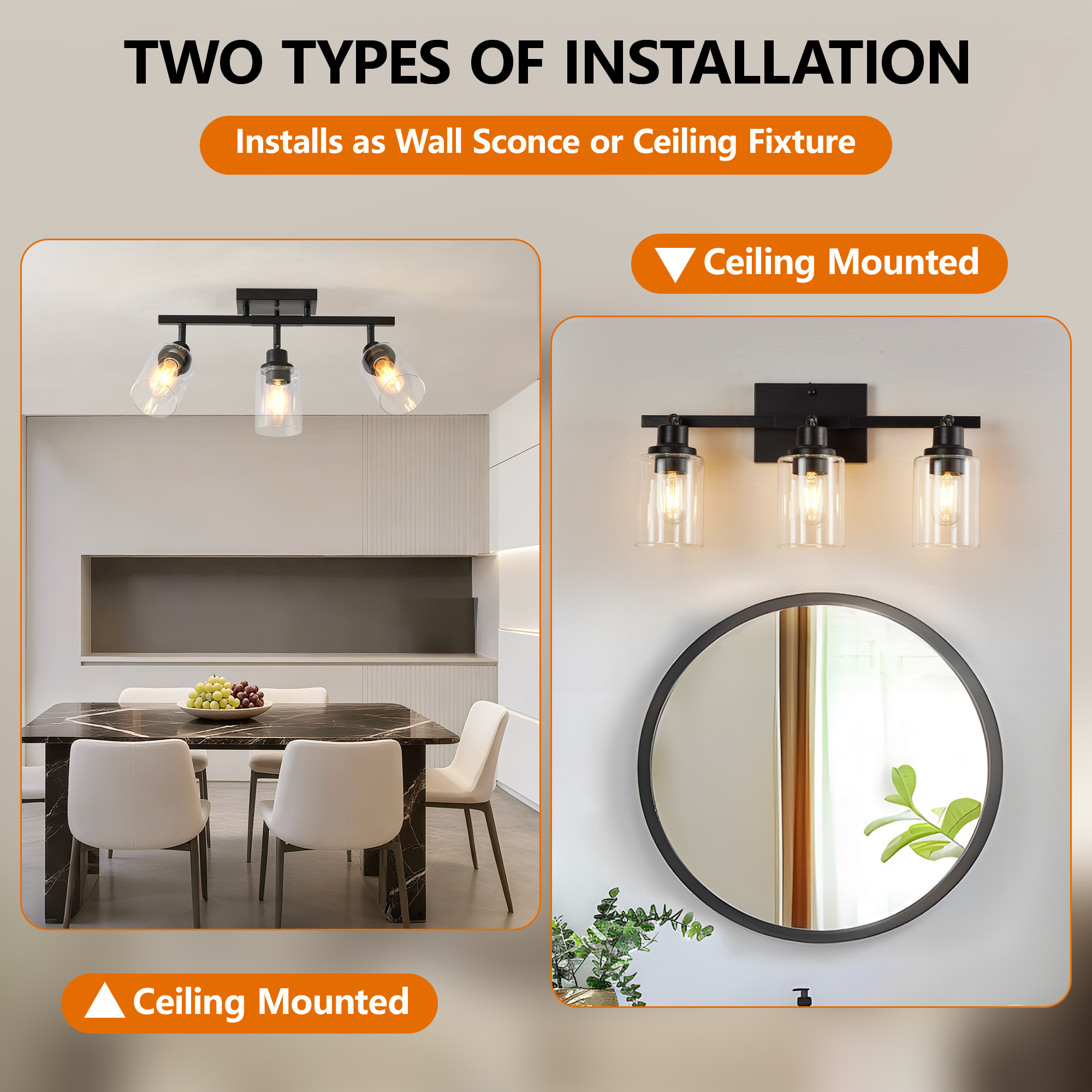 3-Lights Semi Flush Mount Ceiling Light, Adjustable Kitchen Light Fixtures Ceiling Mount with Clear Glass Shades, Rotatable Black Track Lighting Fixtures for Hallway, Foyer, Bedroom(Bulb Not Included) - Image 6