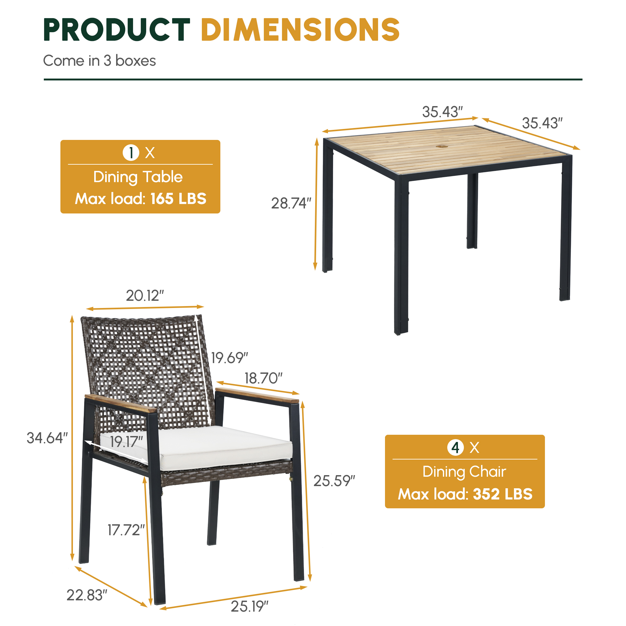 All Weather 5-Piece Patio Dining Table Sets, Patio Conversation Set Acacia Wood Table Top with Umbrella Hole, Rattan Outdoor, Coffee Brown Color - Image 2
