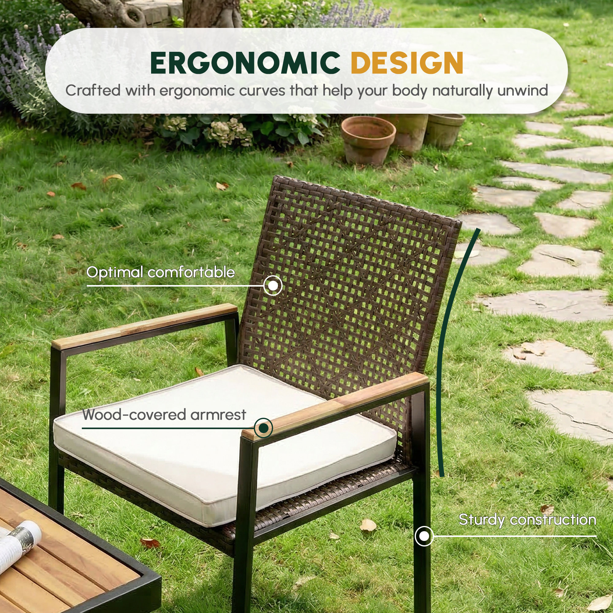 All Weather 5-Piece Patio Dining Table Sets, Patio Conversation Set Acacia Wood Table Top with Umbrella Hole, Rattan Outdoor, Coffee Brown Color - Image 3
