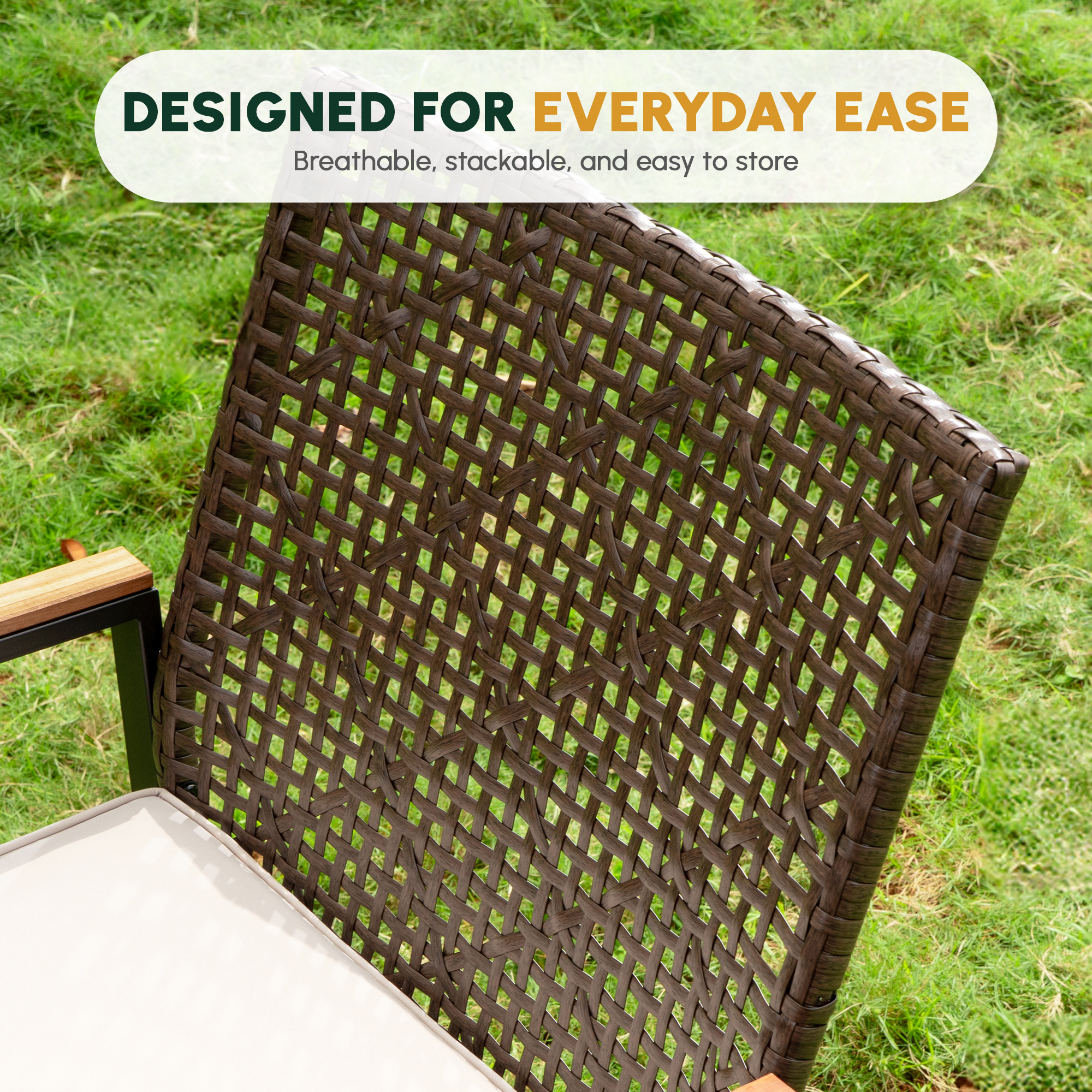All Weather 5-Piece Patio Dining Table Sets, Patio Conversation Set Acacia Wood Table Top with Umbrella Hole, Rattan Outdoor, Coffee Brown Color - Image 4