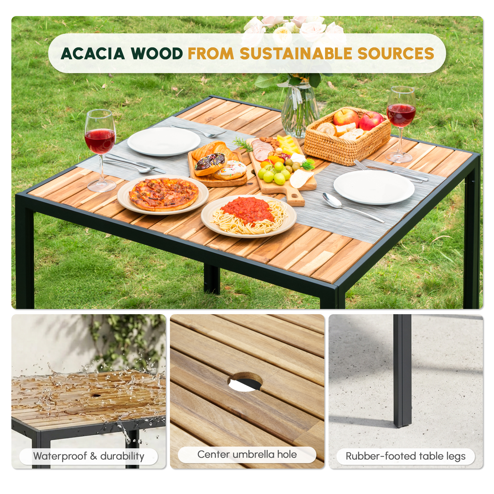 All Weather 5-Piece Patio Dining Table Sets, Patio Conversation Set Acacia Wood Table Top with Umbrella Hole, Rattan Outdoor, Coffee Brown Color - Image 6