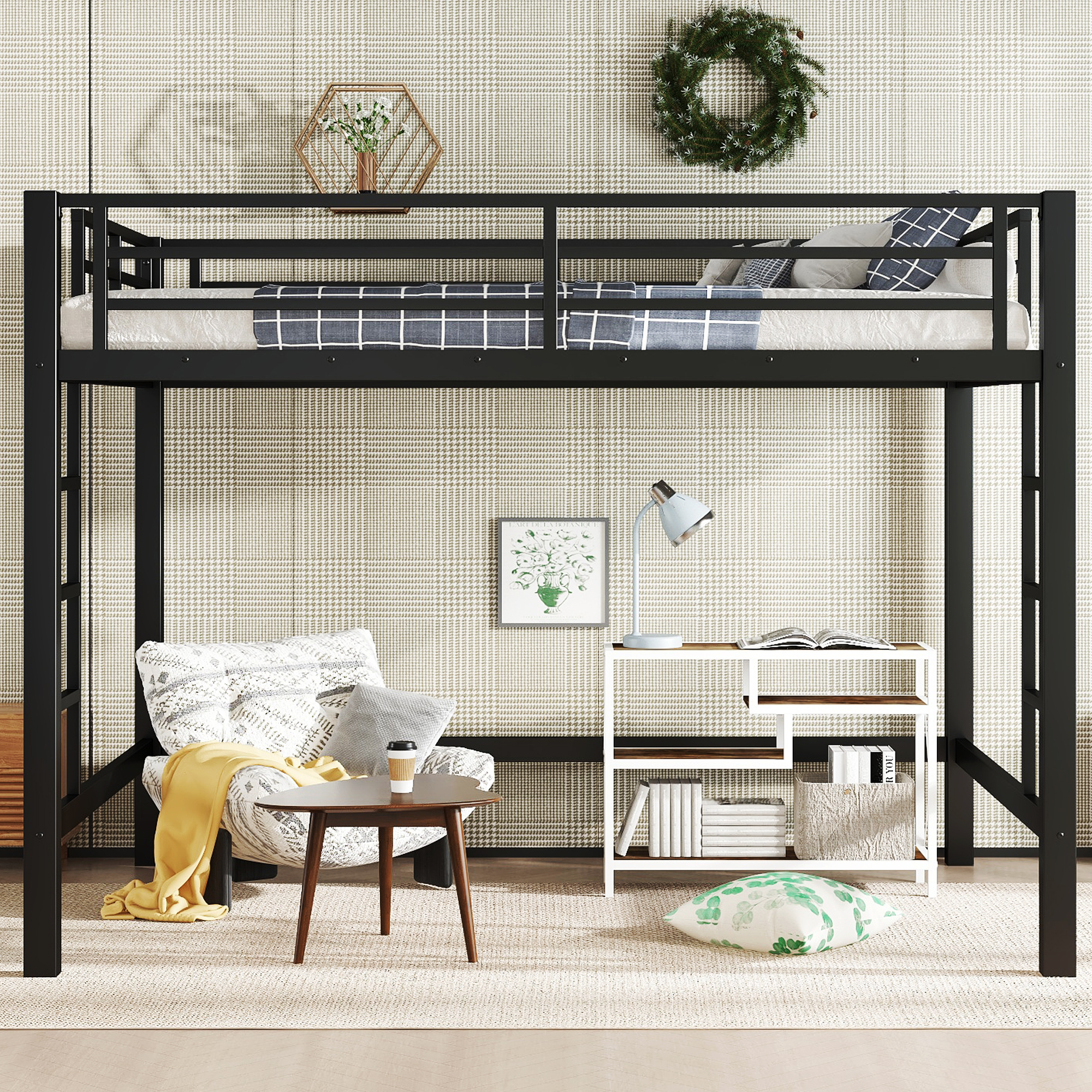 Queen Size Metal Loft Bed, Loft Bed with Easy Climbing Ladder and Guardrails , Black - Image 2