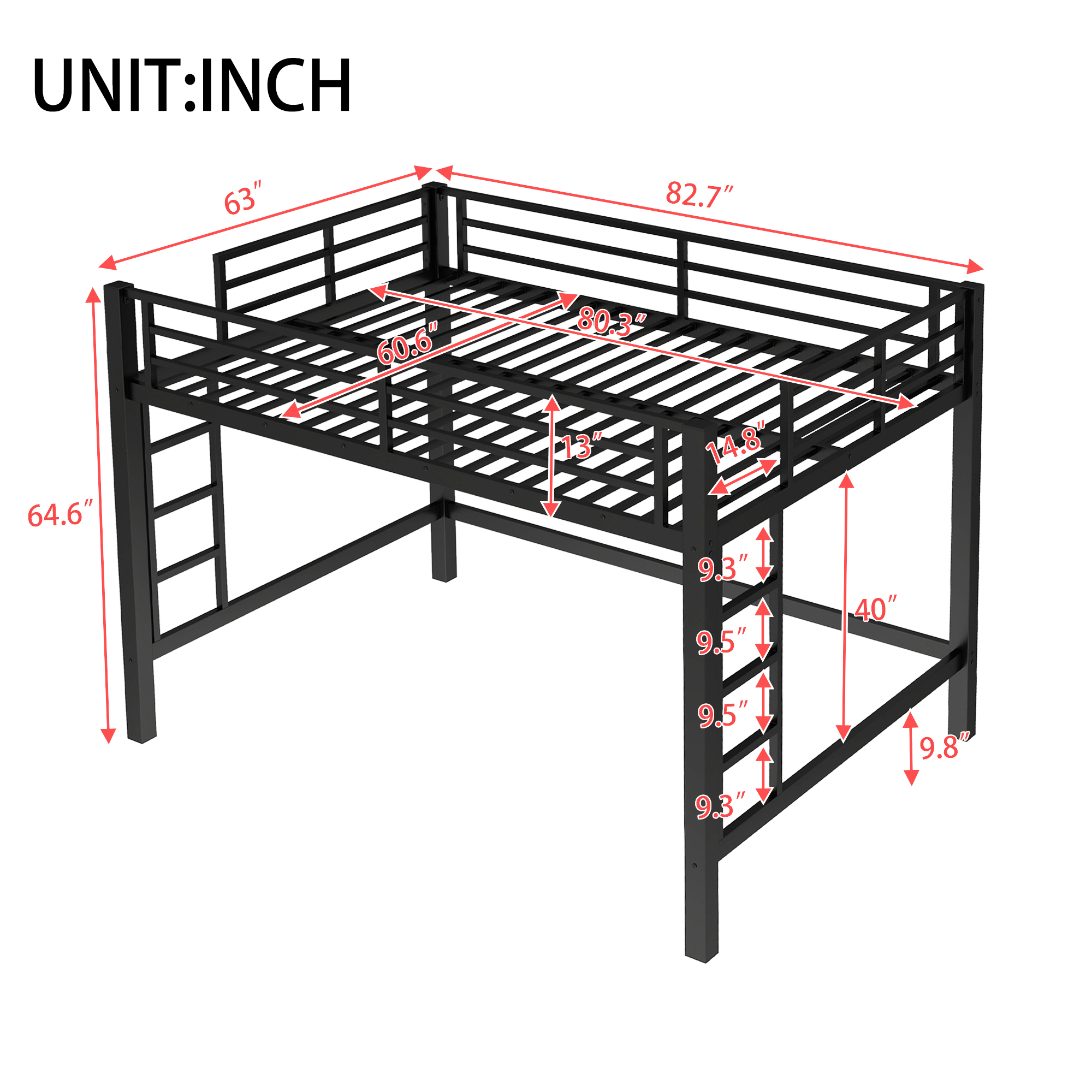 Queen Size Metal Loft Bed, Loft Bed with Easy Climbing Ladder and Guardrails , Black - Image 3