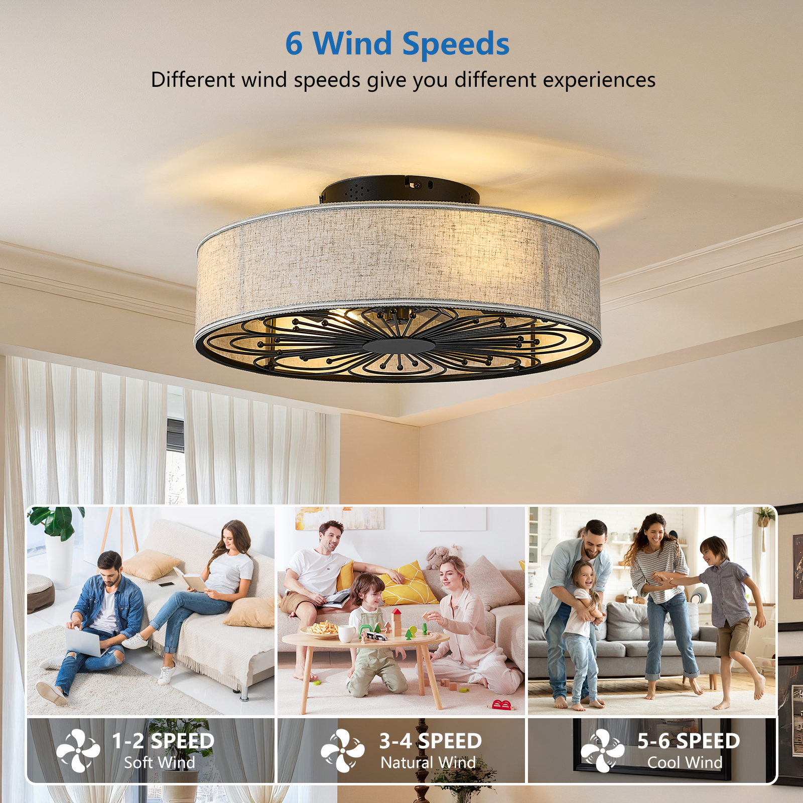 Caged Ceiling Fans with Lights Flush Mount,Low Profile Ceiling Fan with Remote,20 Inch Farmhouse White Ceiling Fan for Bedroom,6 Speeds Reversible Silent Fandalier (Bulb Not Included) - Image 2