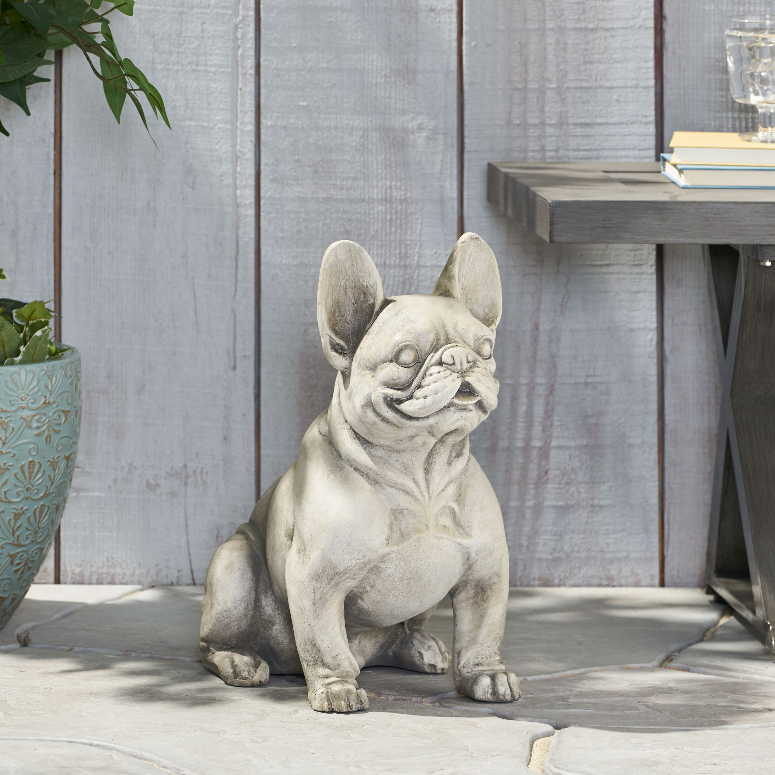 DOG GARDEN SCULPTURE, Outdoor French Bulldog Garden Statue, Rustic White, No Assembly Required