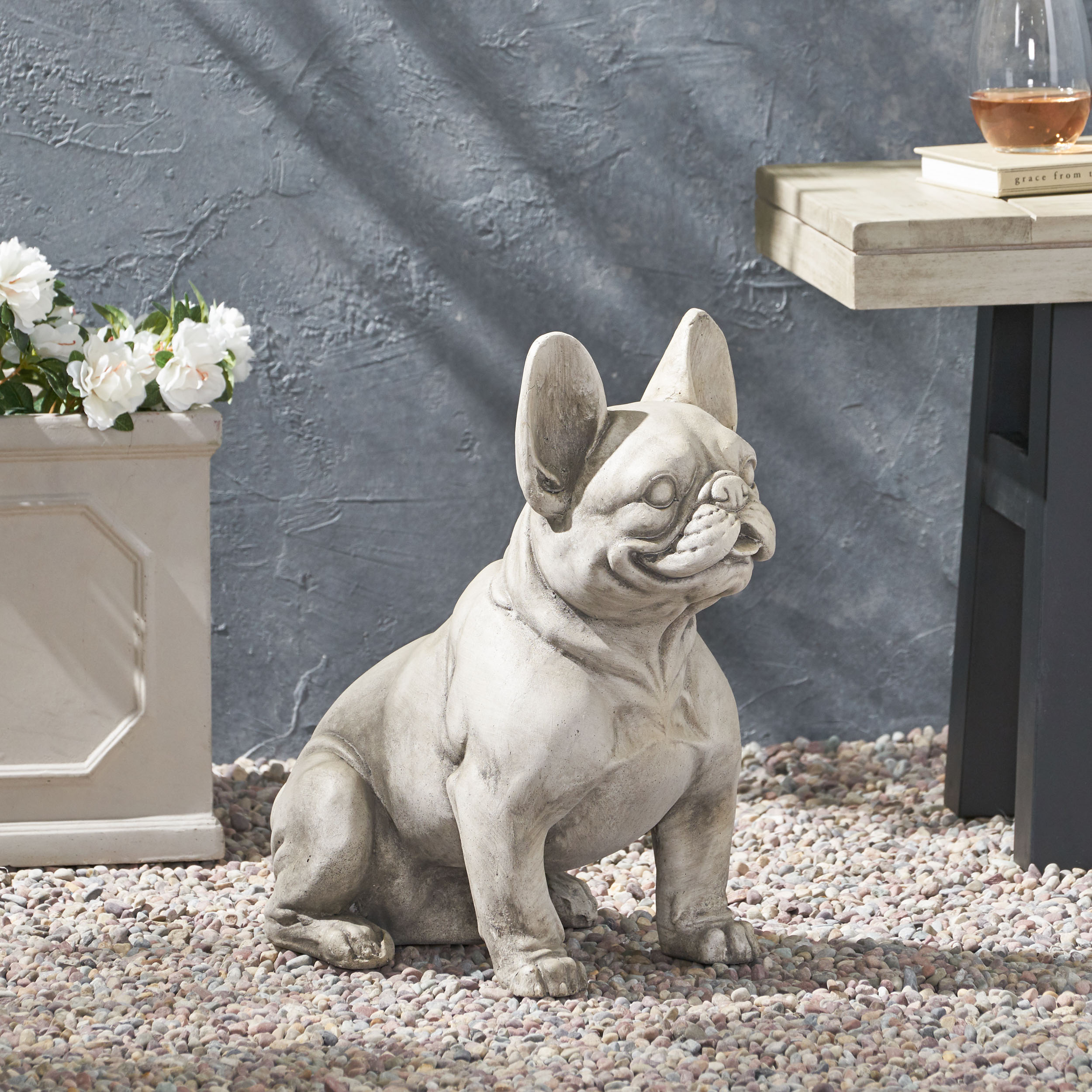 DOG GARDEN SCULPTURE, Outdoor French Bulldog Garden Statue, Rustic White, No Assembly Required - Image 3