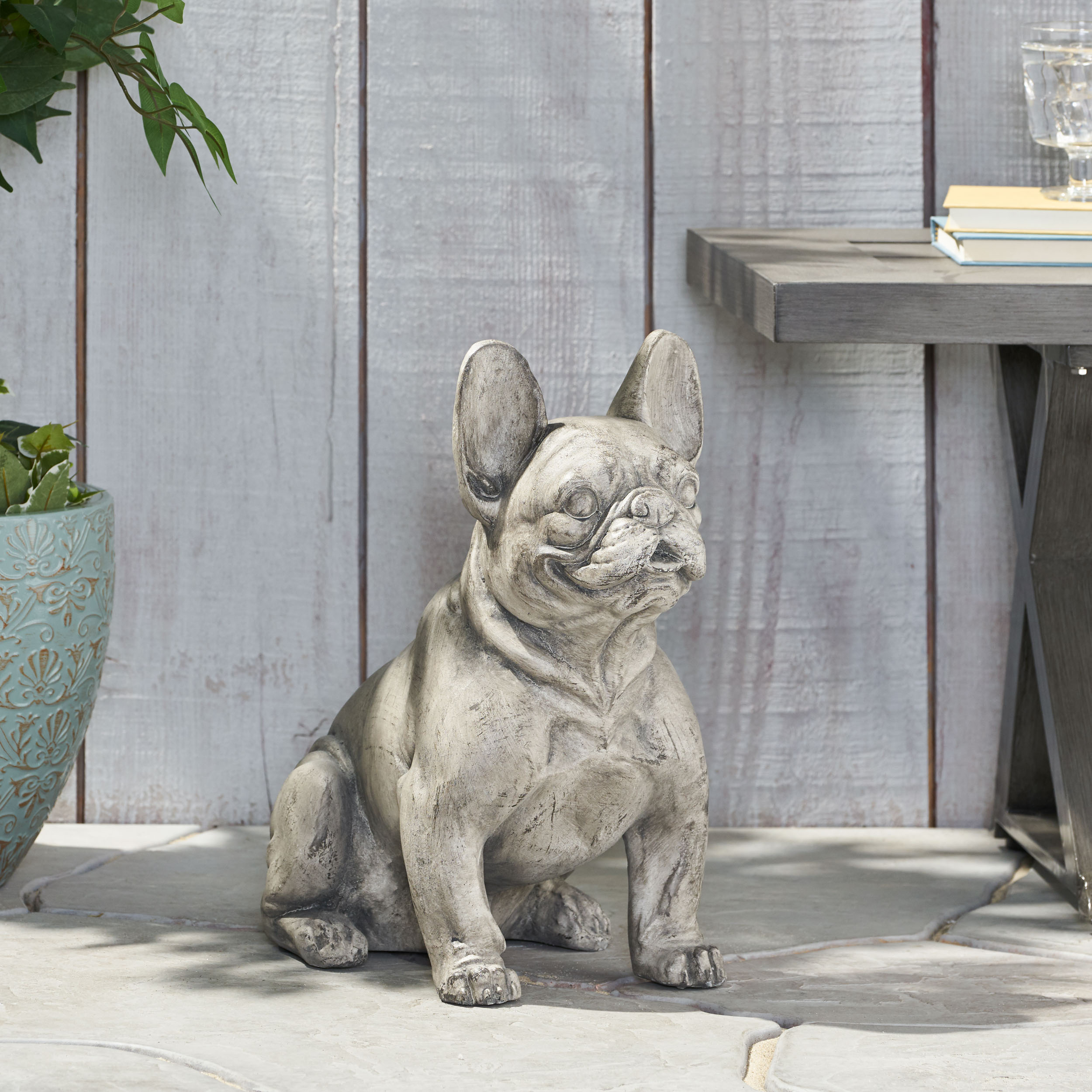 DOG GARDEN SCULPTURE, Outdoor French Bulldog Garden Statue, Gray, No Assembly Required - Image 2