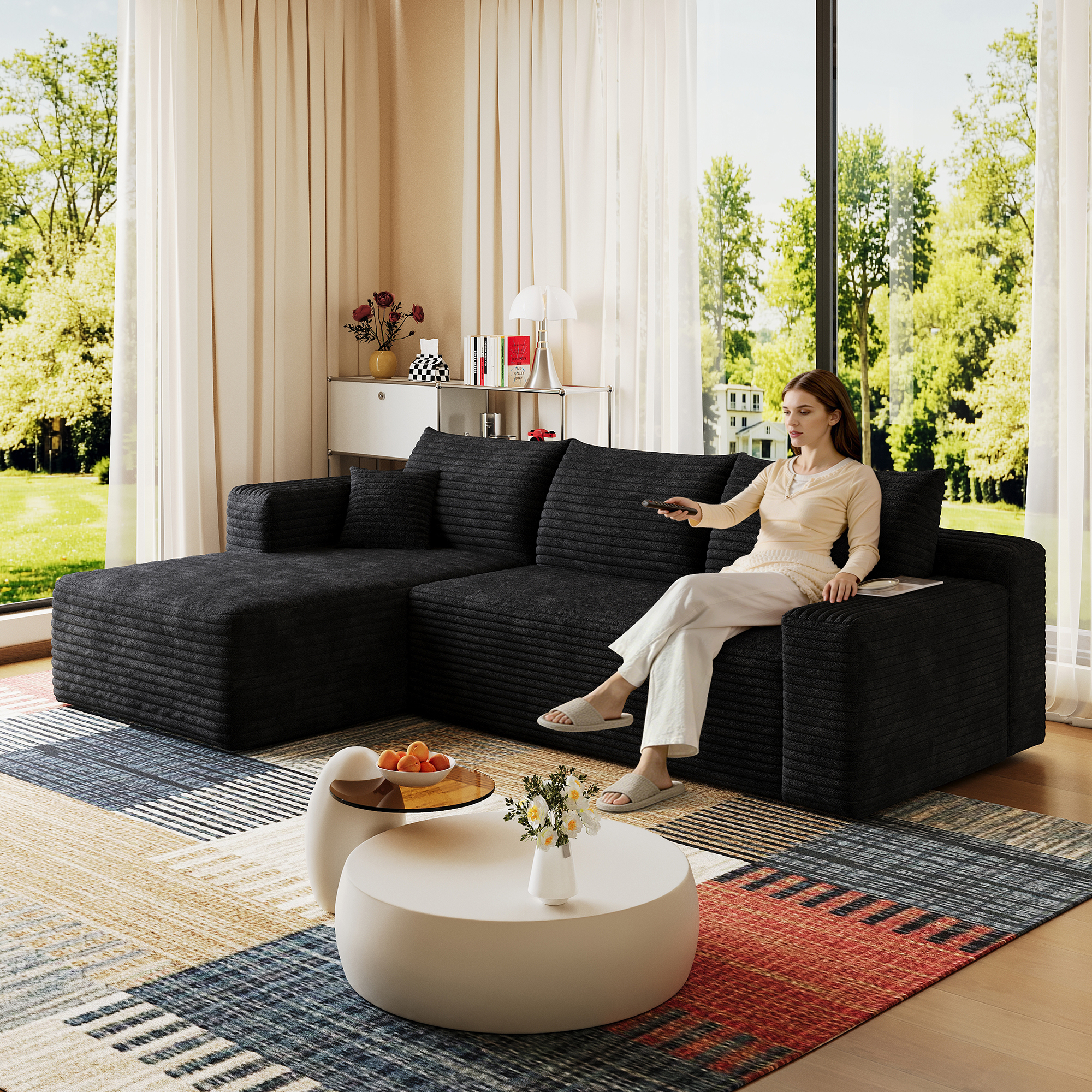 95" Cloud Sectional Sofa,Modern Minimalist Upholstered Couches, Comfort U Shaped Sofa for Living Room,Deep Seat Corner Couch,No Assembly Required,Black (Plush Corduroy Fabric) - Image 2
