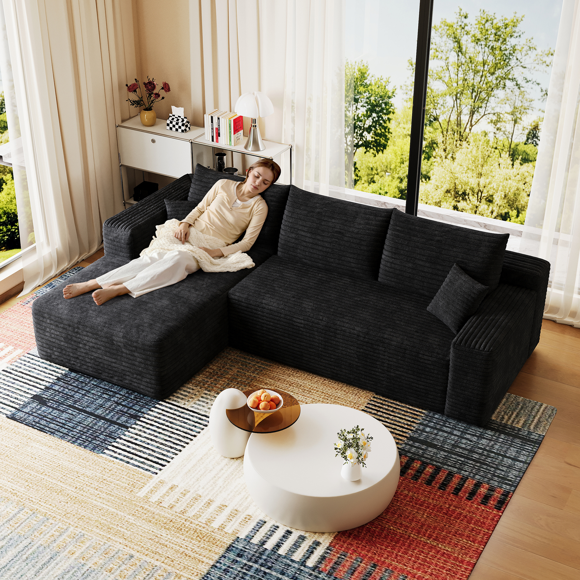 95" Cloud Sectional Sofa,Modern Minimalist Upholstered Couches, Comfort U Shaped Sofa for Living Room,Deep Seat Corner Couch,No Assembly Required,Black (Plush Corduroy Fabric) - Image 3