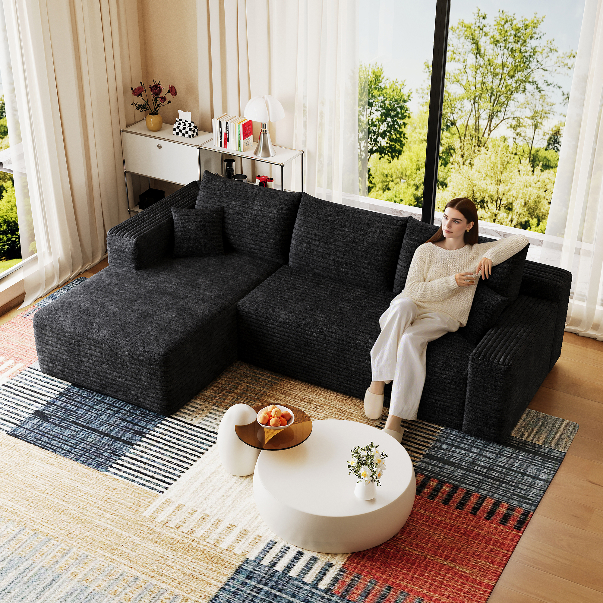 95" Cloud Sectional Sofa,Modern Minimalist Upholstered Couches, Comfort U Shaped Sofa for Living Room,Deep Seat Corner Couch,No Assembly Required,Black (Plush Corduroy Fabric) - Image 4