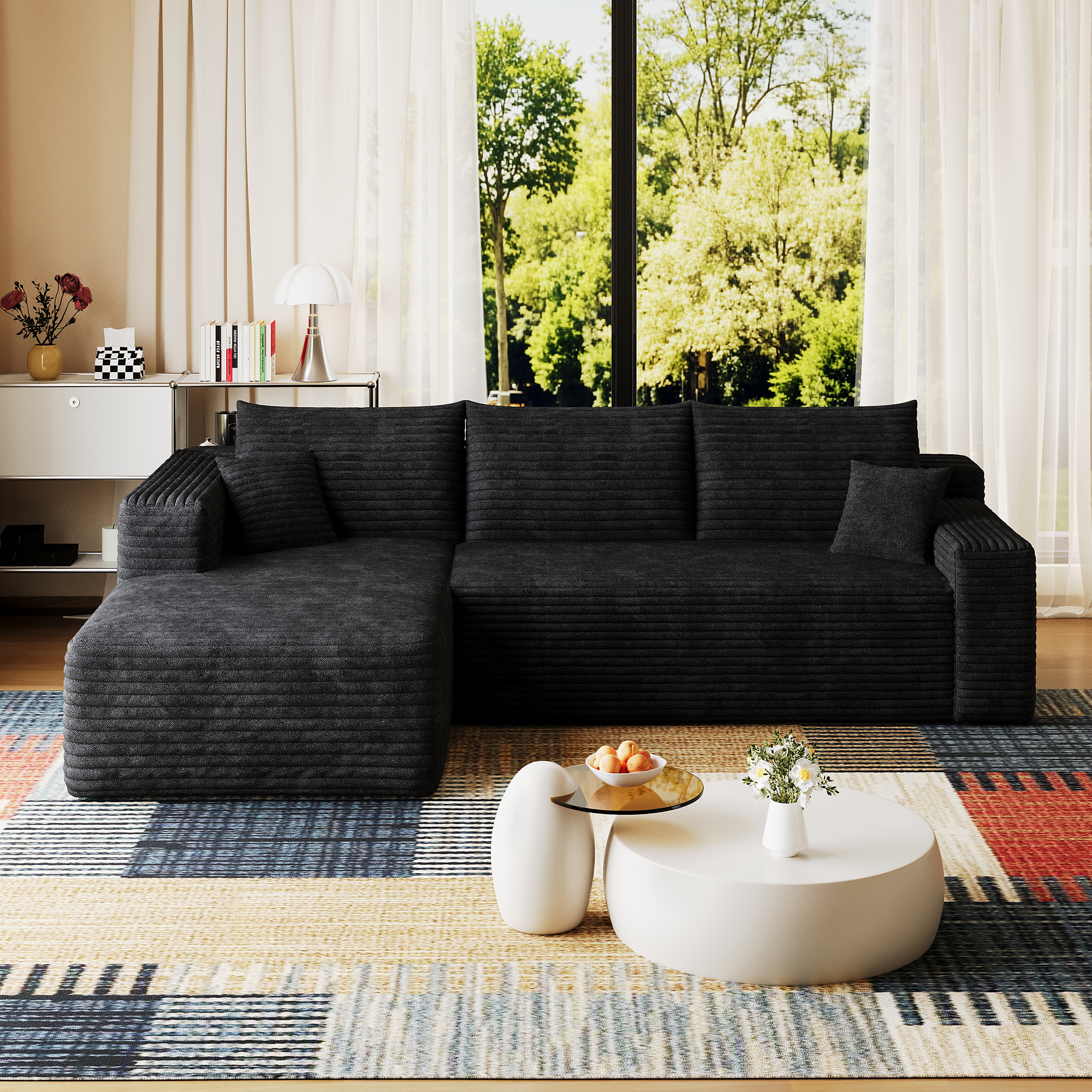 95" Cloud Sectional Sofa,Modern Minimalist Upholstered Couches, Comfort U Shaped Sofa for Living Room,Deep Seat Corner Couch,No Assembly Required,Black (Plush Corduroy Fabric) - Image 5