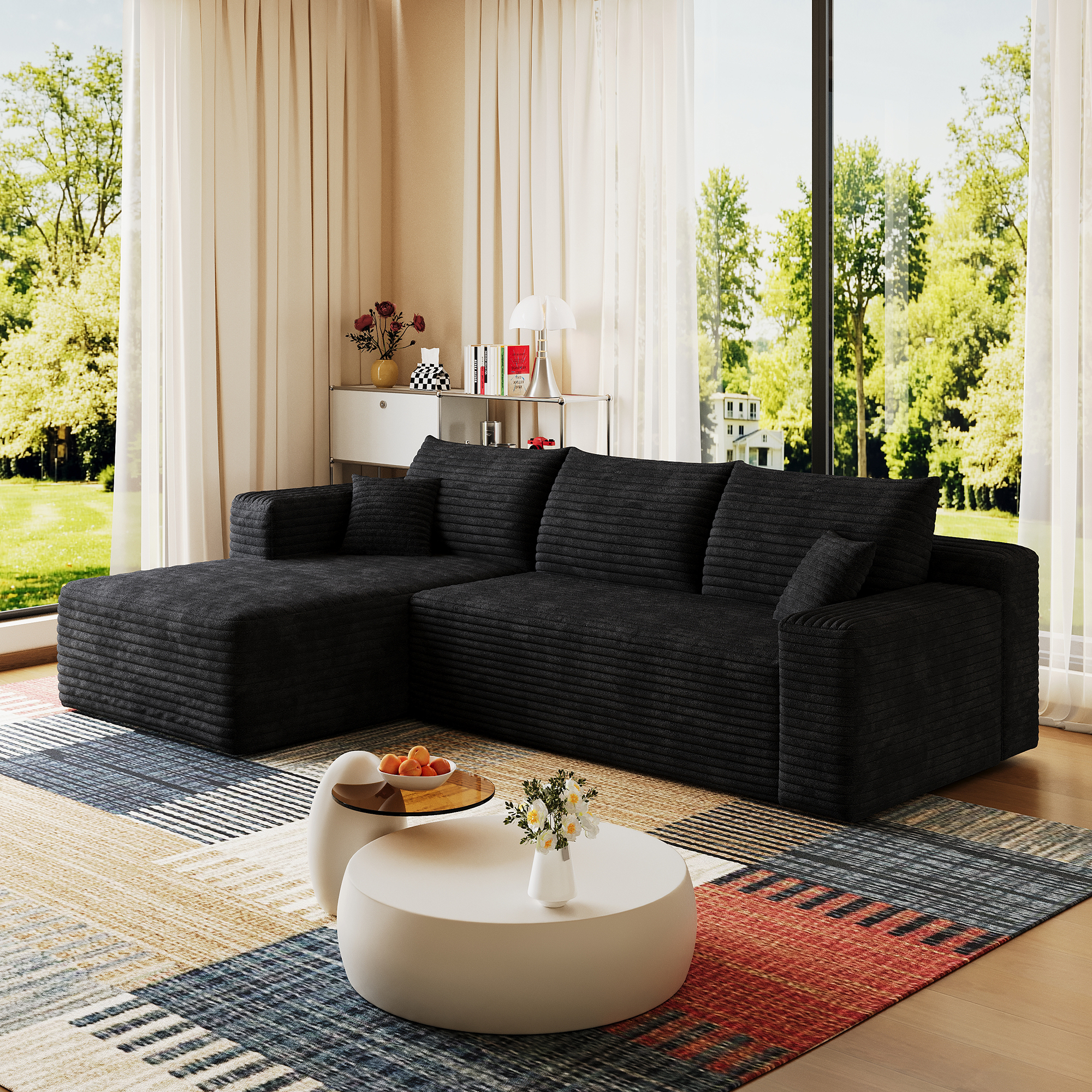 95" Cloud Sectional Sofa,Modern Minimalist Upholstered Couches, Comfort U Shaped Sofa for Living Room,Deep Seat Corner Couch,No Assembly Required,Black (Plush Corduroy Fabric) - Image 6