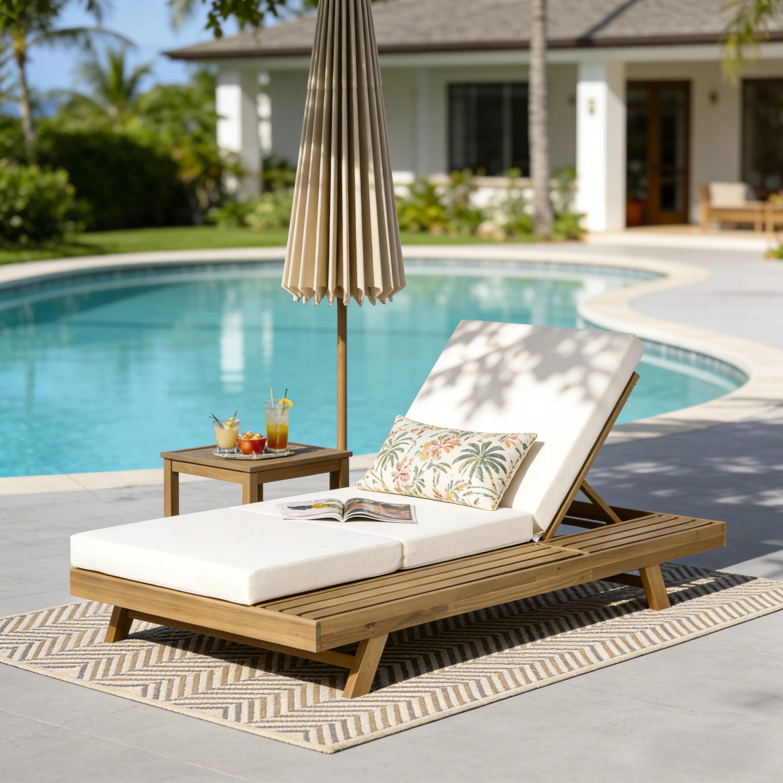 Lounge Chaise Set, Space Available On One Side, Acacia Solid Wood In light brown With Lounge Cushion (Cream & Triple Fold) – Matching Dark Grey Version Available - Image 1