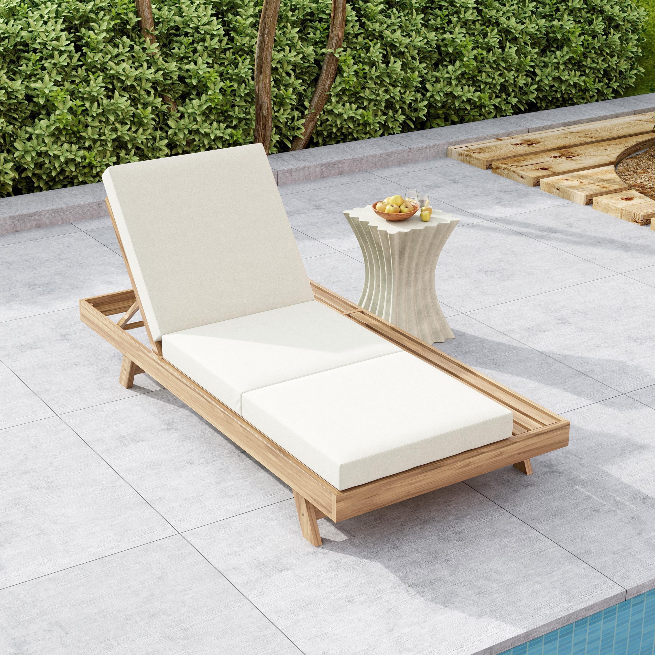 Lounge Chaise Set, Space Available On One Side, Acacia Solid Wood In light brown With Lounge Cushion (Cream & Triple Fold) – Matching Dark Grey Version Available - Image 4