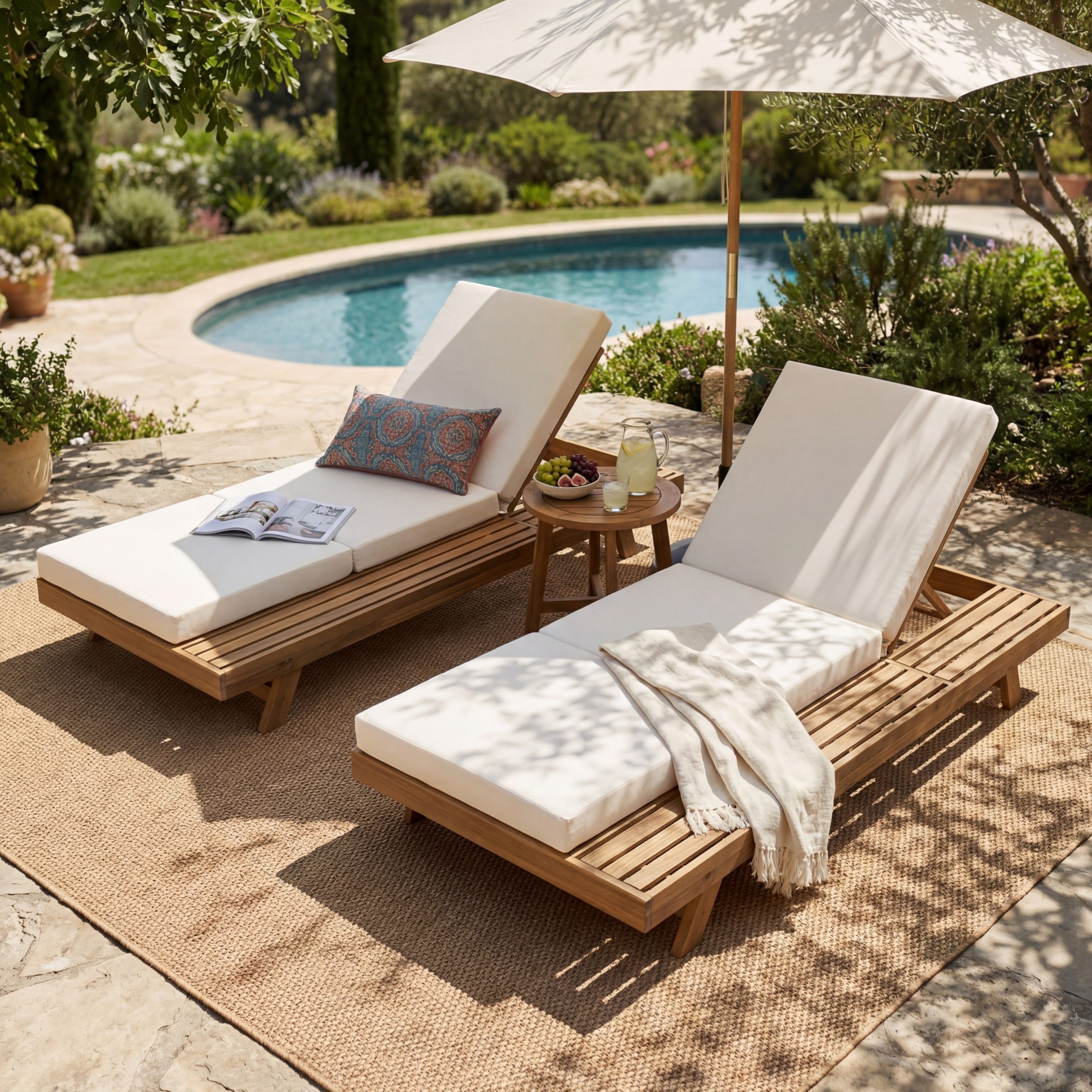 Lounge Chaise Set, Space Available On One Side, Acacia Solid Wood In light brown With Lounge Cushion (Cream & Triple Fold) – Matching Dark Grey Version Available - Image 5