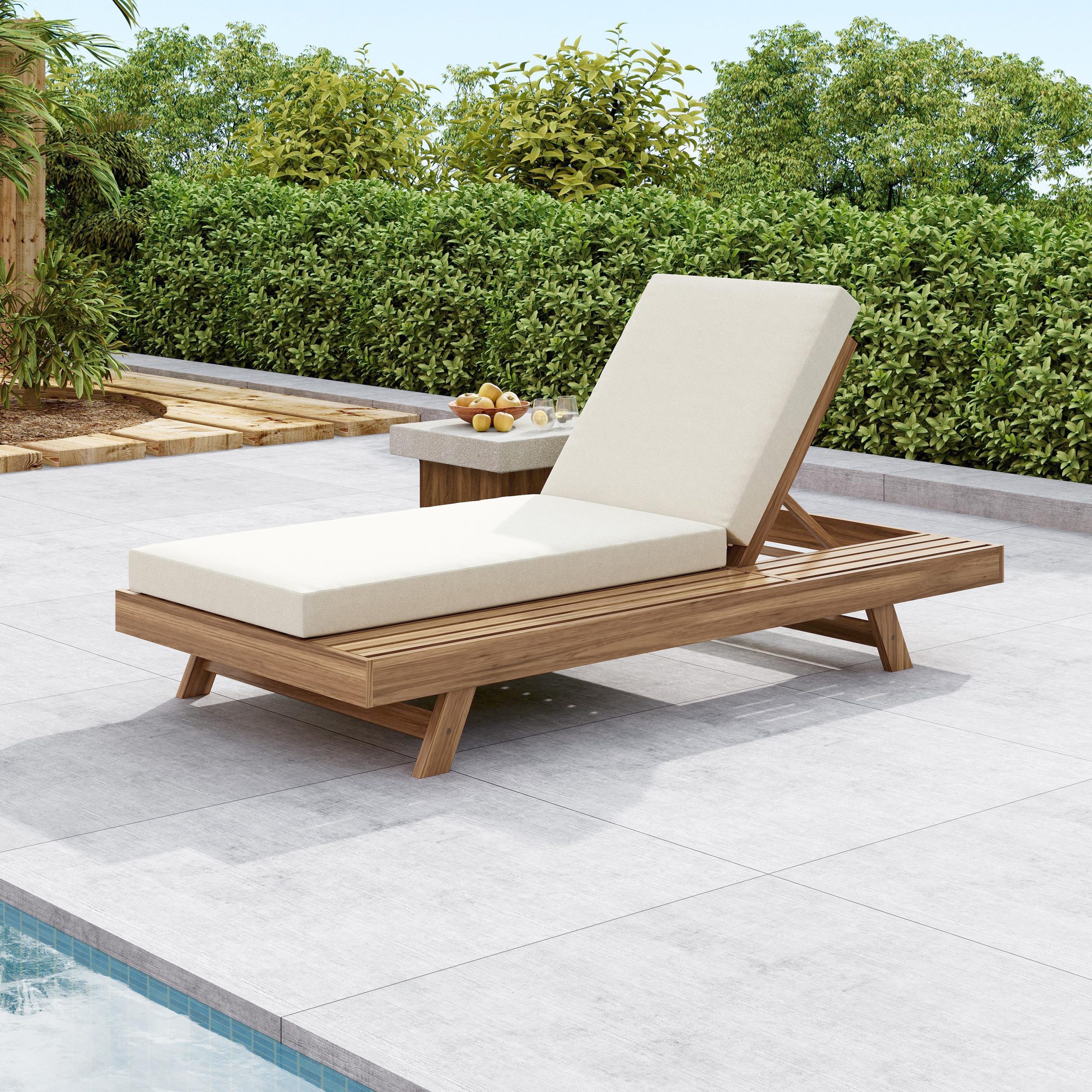 Lounge Chaise Set, Space Available On One Side, Acacia Wood In light brown With Water-Resistant Lounge Cushions (Cream & 4 Inch Thick) – Matching Dark Grey Version Available - Image 2