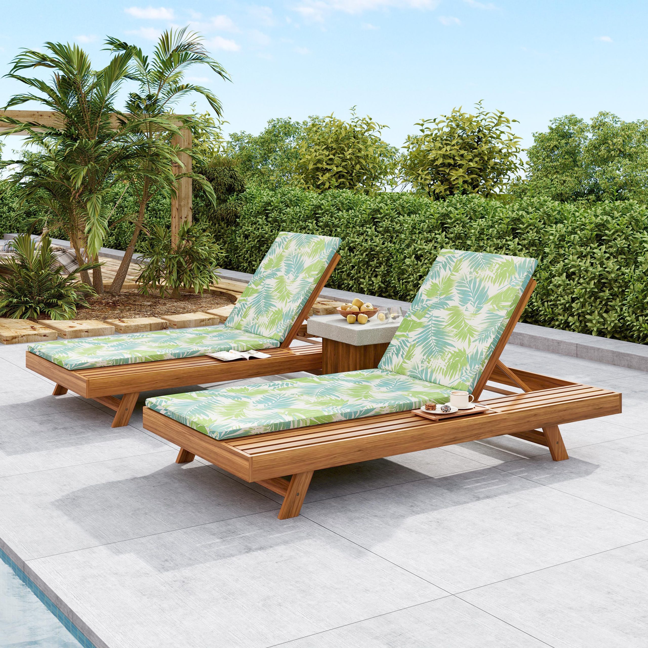 LOUNGE CHAISE SET, SPACE AVAILABLE ON ONE SIDE,ACACIA WOOD WITH WATER-RESISTANT LOUNGE CUSHIONS (LEAF COCONUT & 2 INCH THICK) - MATCHING CREAM/Dark Grey VERSION AVAILABLE - Image 6