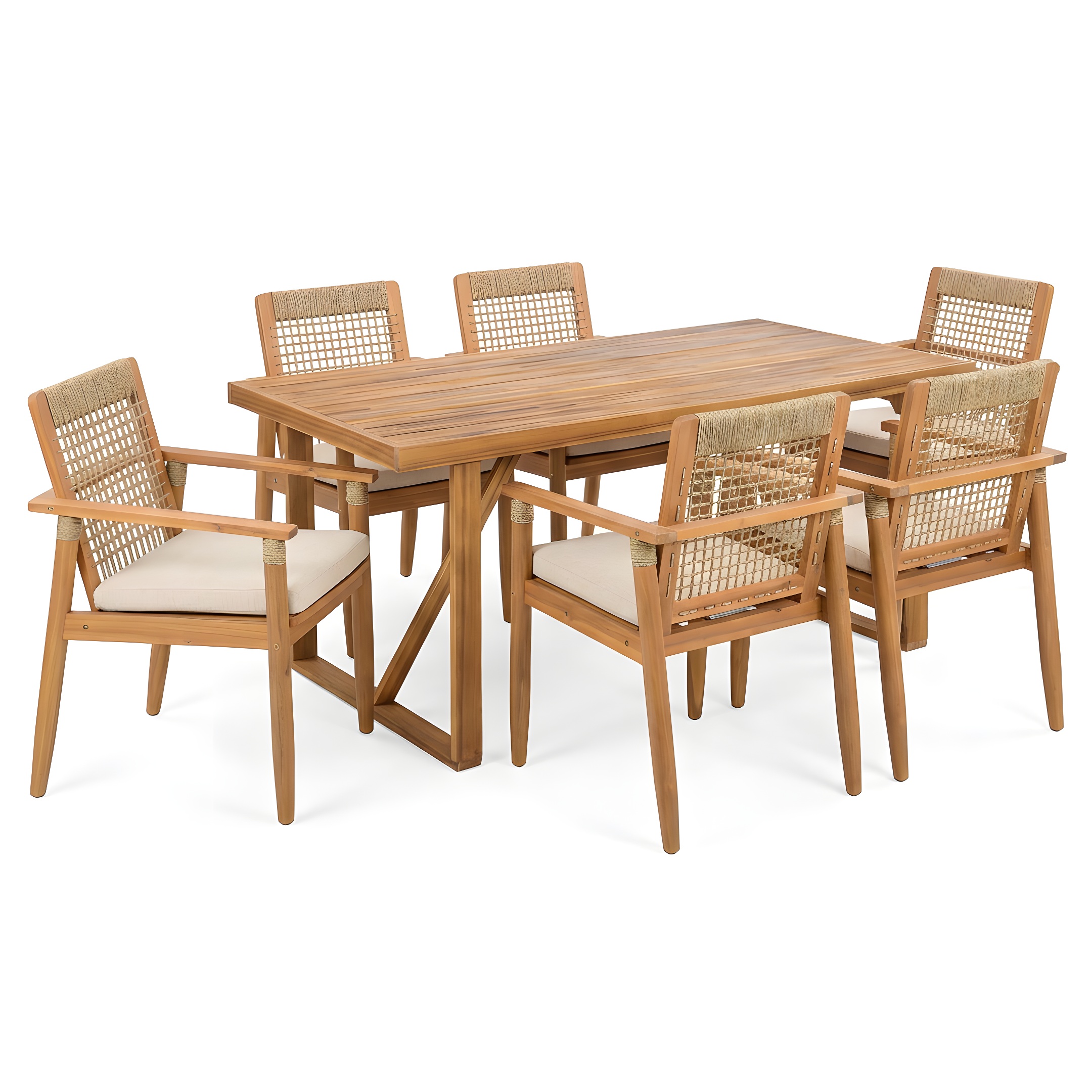 7 Pieces Acacia Wood Outdoor Dining Set with Cushions,Modern 6 Chairs with Handwoven Cord and 1 Large Table, Dining Furniture Set for Lawn, Backyard, Garden Deck,Poolside,Teak - Image 2