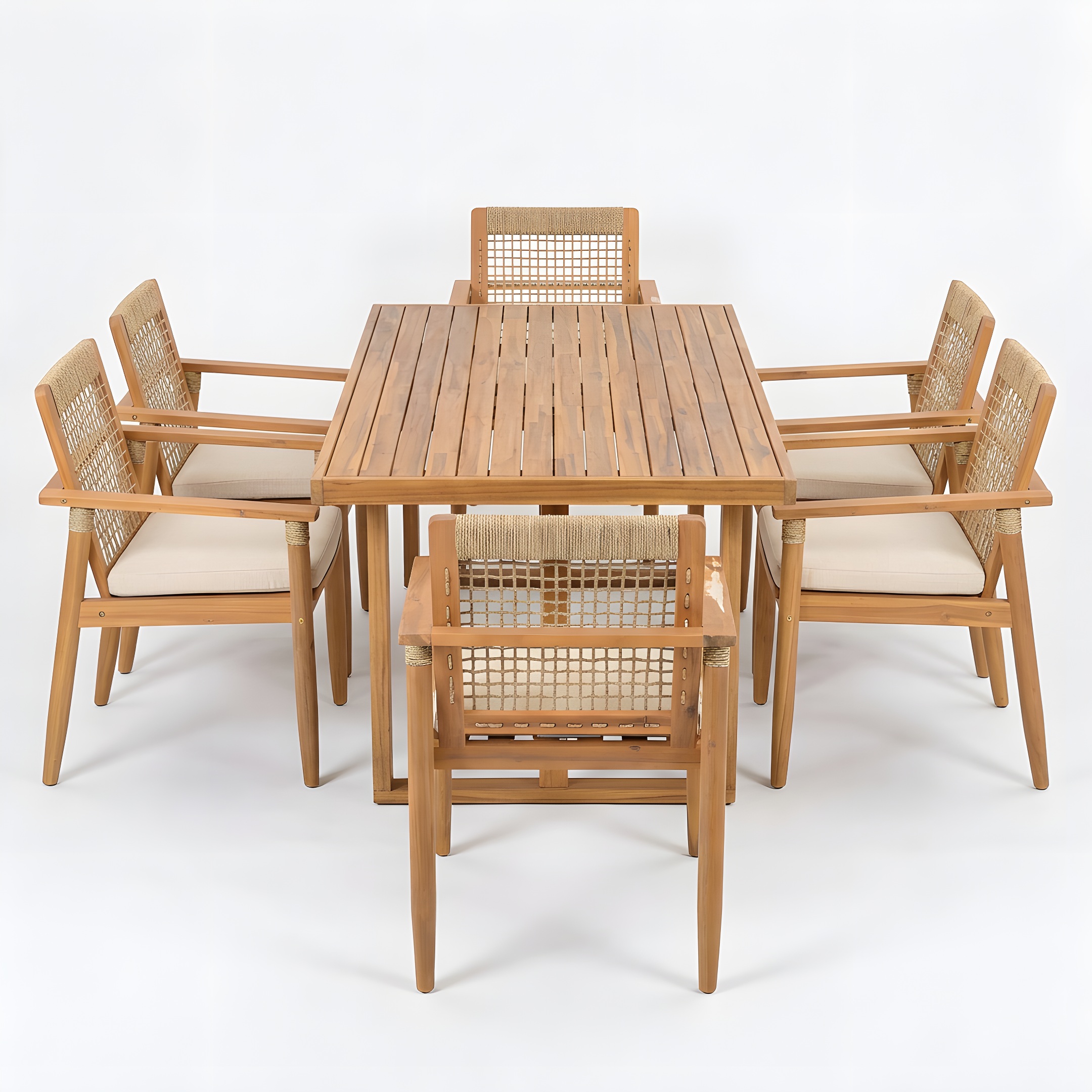 7 Pieces Acacia Wood Outdoor Dining Set with Cushions,Modern 6 Chairs with Handwoven Cord and 1 Large Table, Dining Furniture Set for Lawn, Backyard, Garden Deck,Poolside,Teak - Image 3