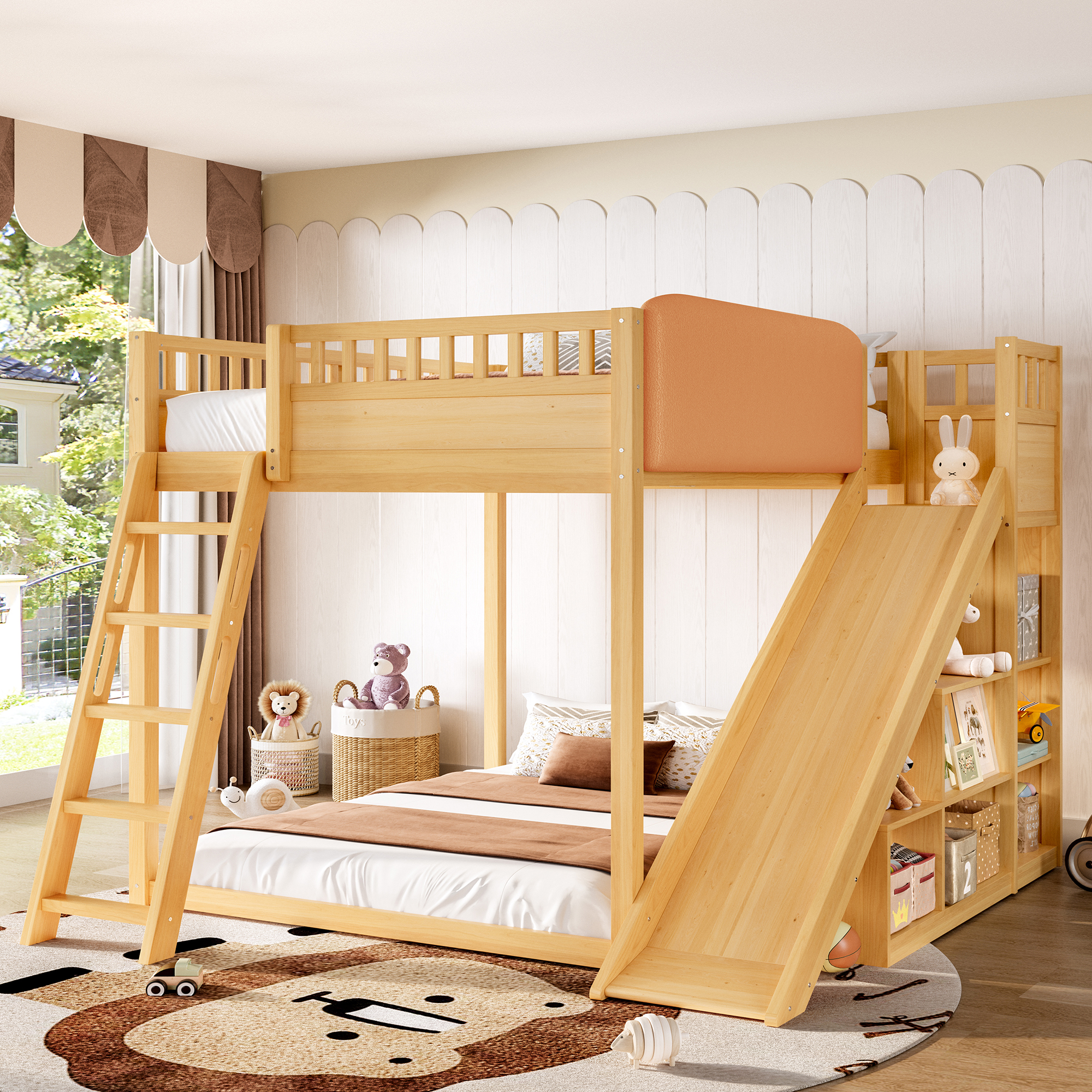 Full Size Loft Bed with upholstered headboard and storage shelves, complete with ladder and slide, Natural - Image 2