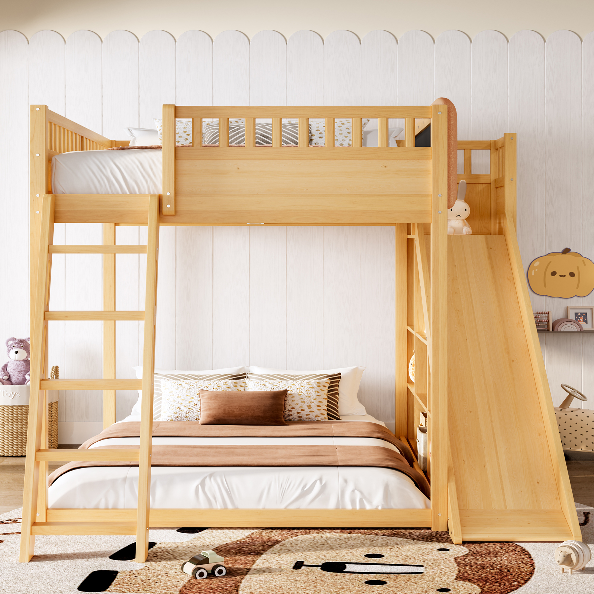 Full Size Loft Bed with upholstered headboard and storage shelves, complete with ladder and slide, Natural - Image 3
