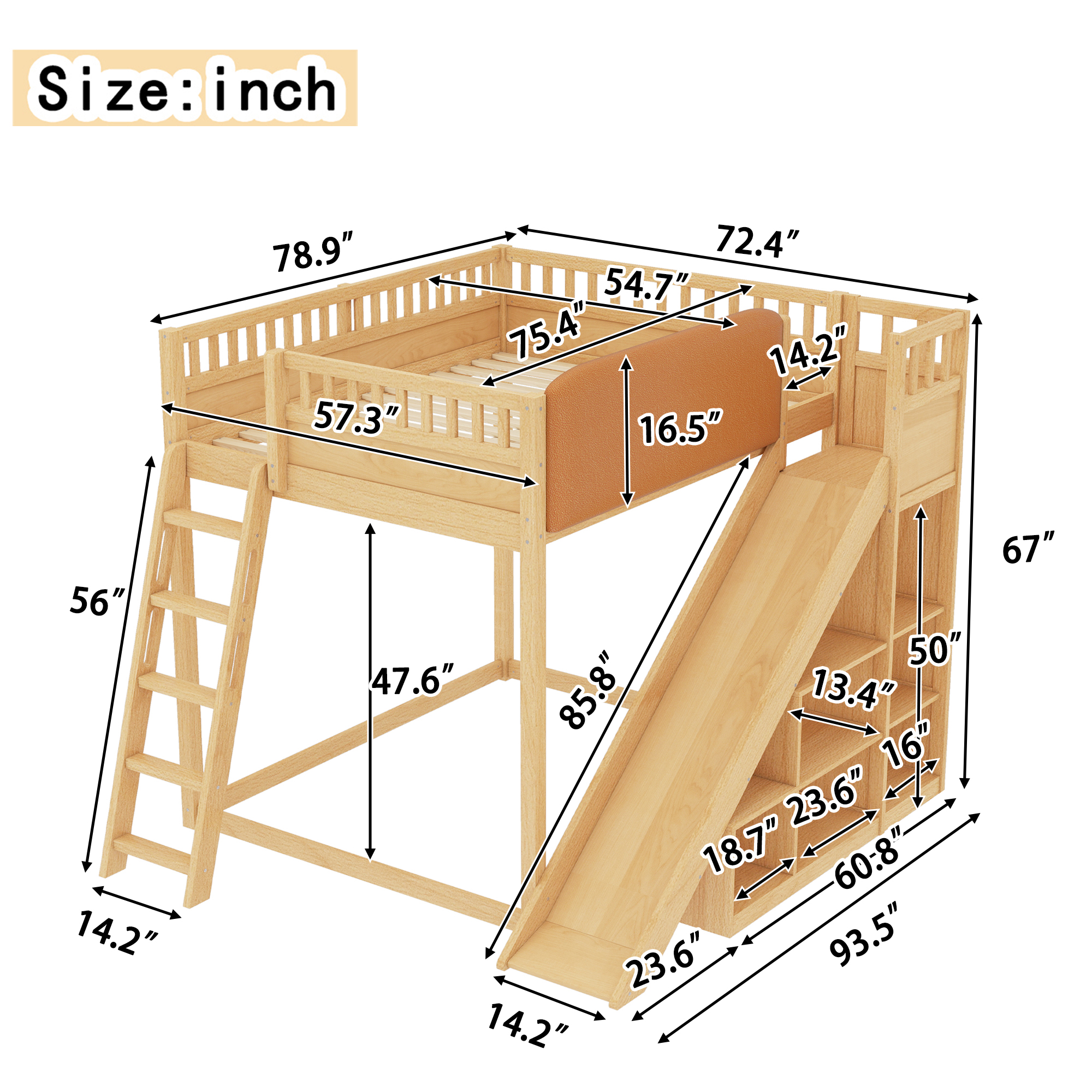 Full Size Loft Bed with upholstered headboard and storage shelves, complete with ladder and slide, Natural - Image 4