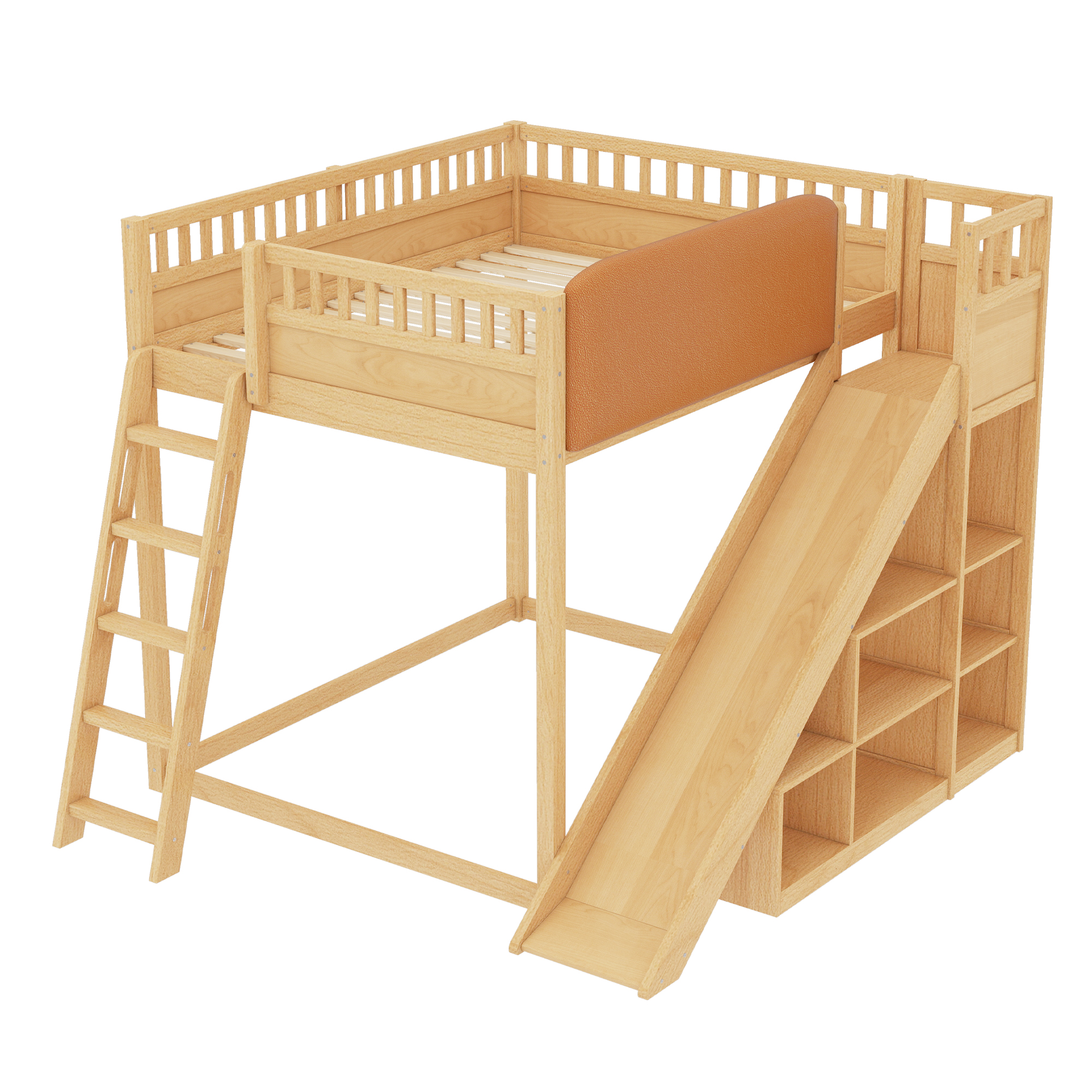 Full Size Loft Bed with upholstered headboard and storage shelves, complete with ladder and slide, Natural - Image 5