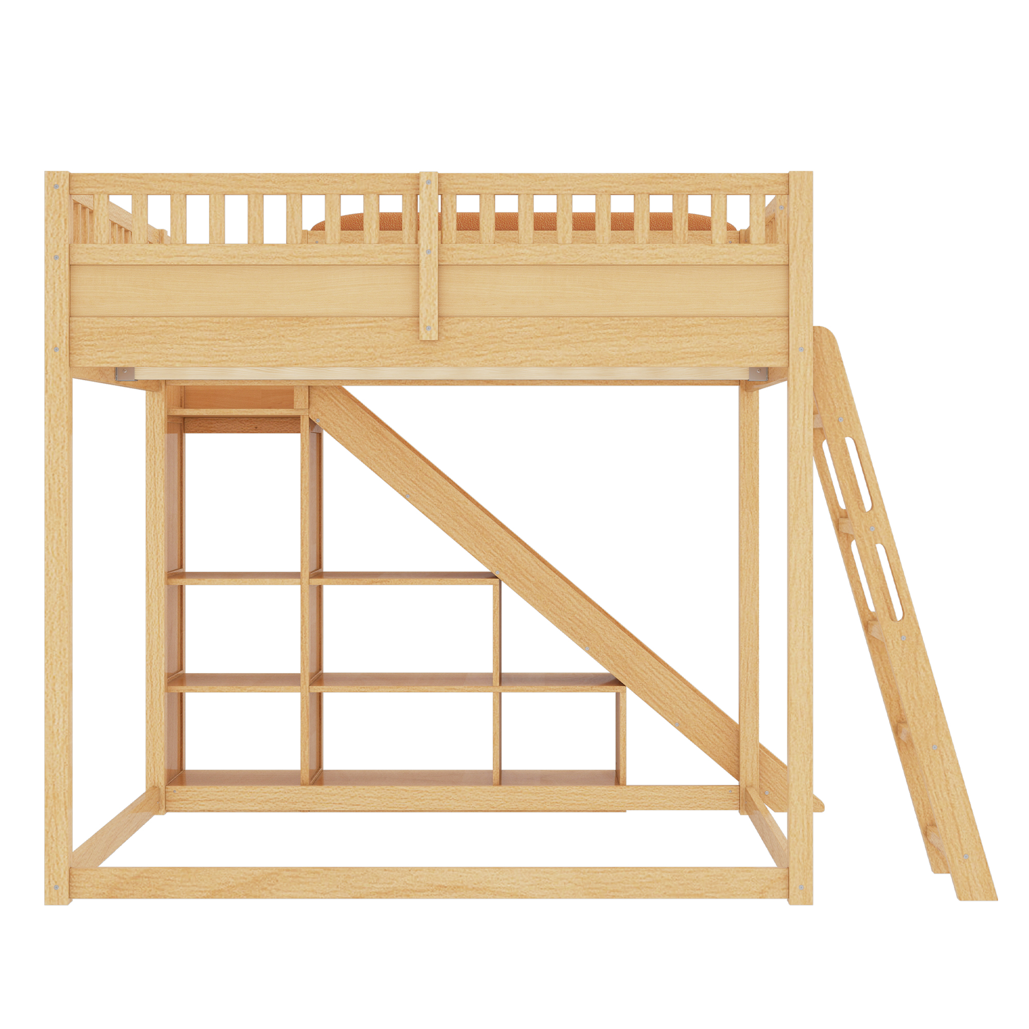 Full Size Loft Bed with upholstered headboard and storage shelves, complete with ladder and slide, Natural - Image 6