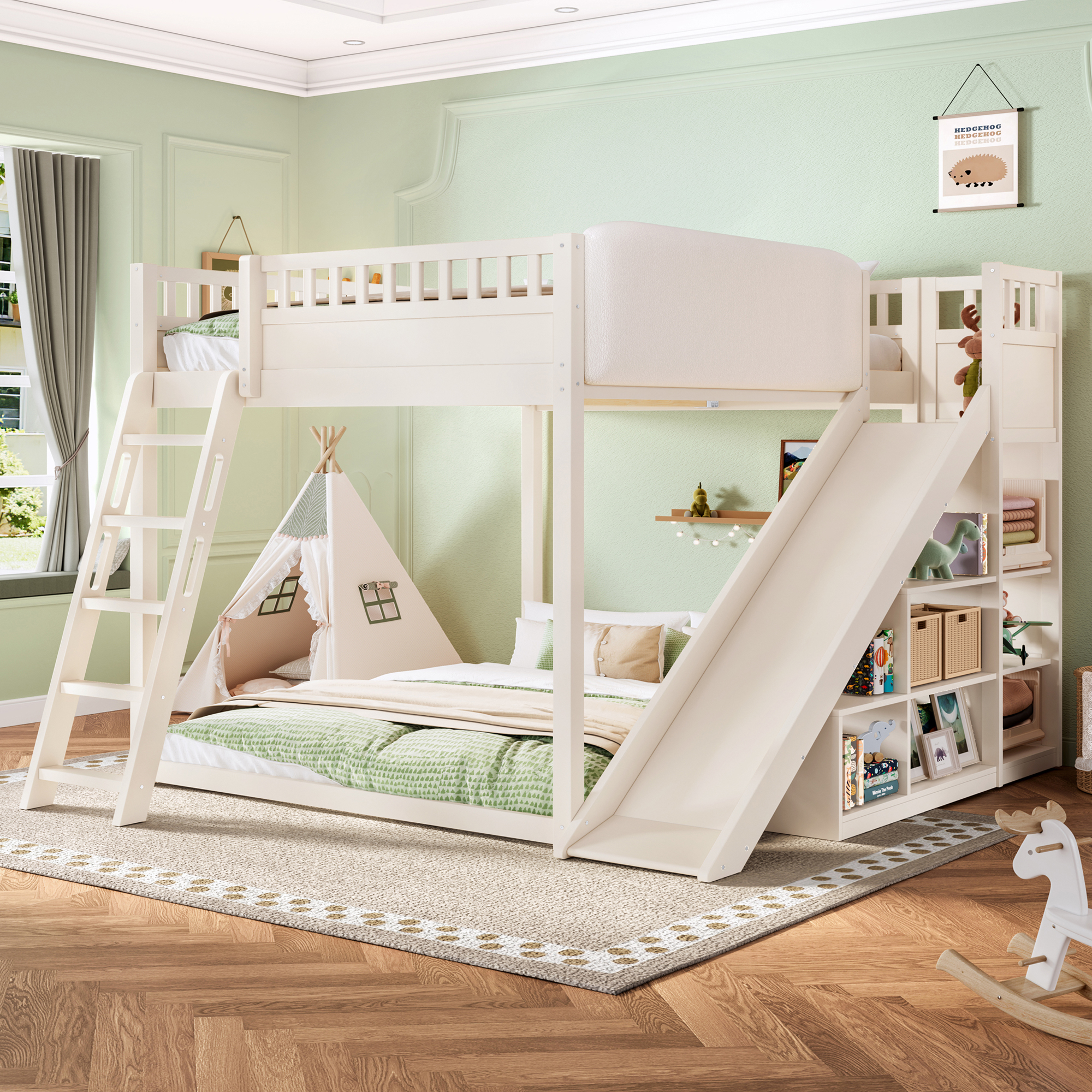 Queen Size Loft Bed with upholstered headboard and storage shelves, complete with ladder and slide, Beige - Image 2