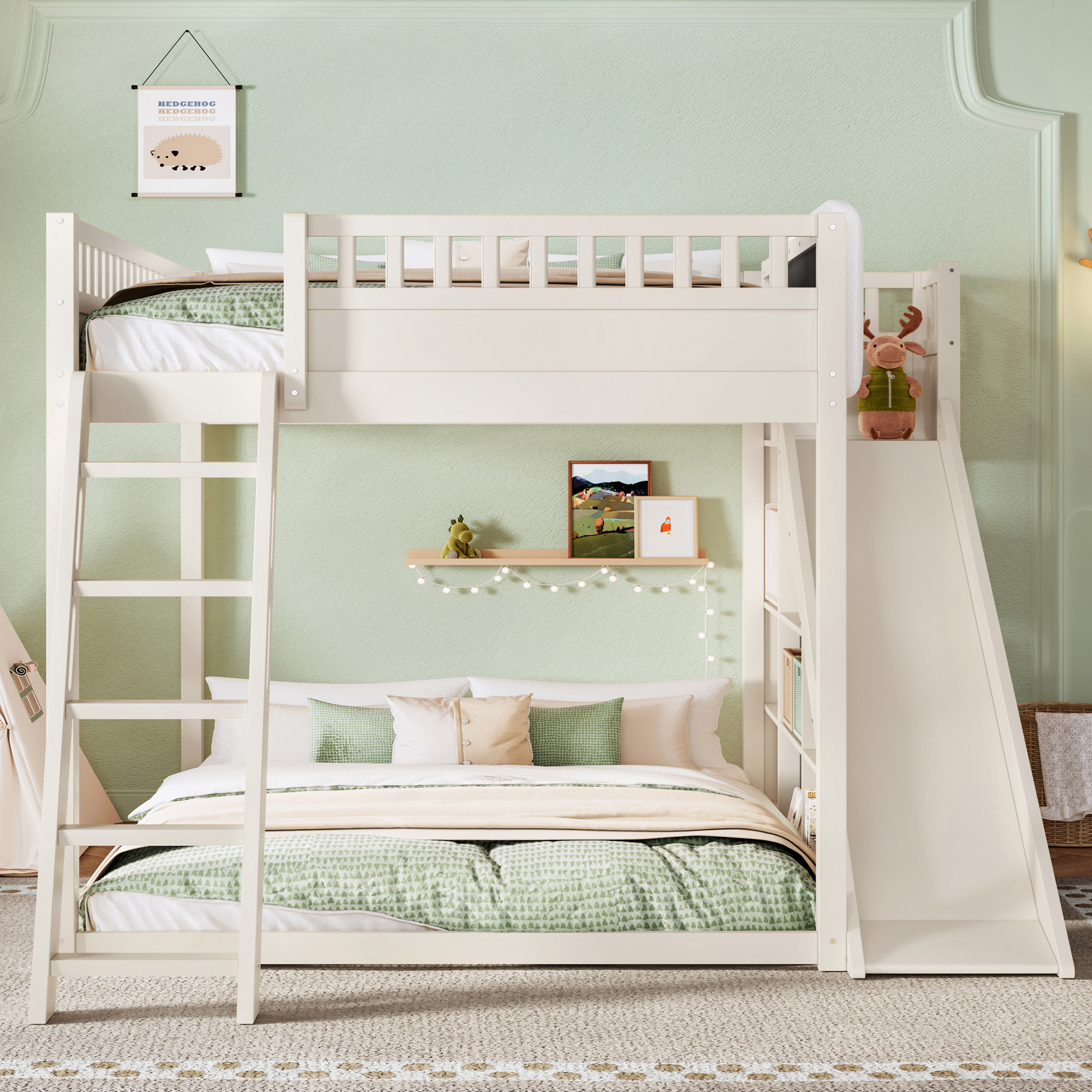 Queen Size Loft Bed with upholstered headboard and storage shelves, complete with ladder and slide, Beige - Image 3
