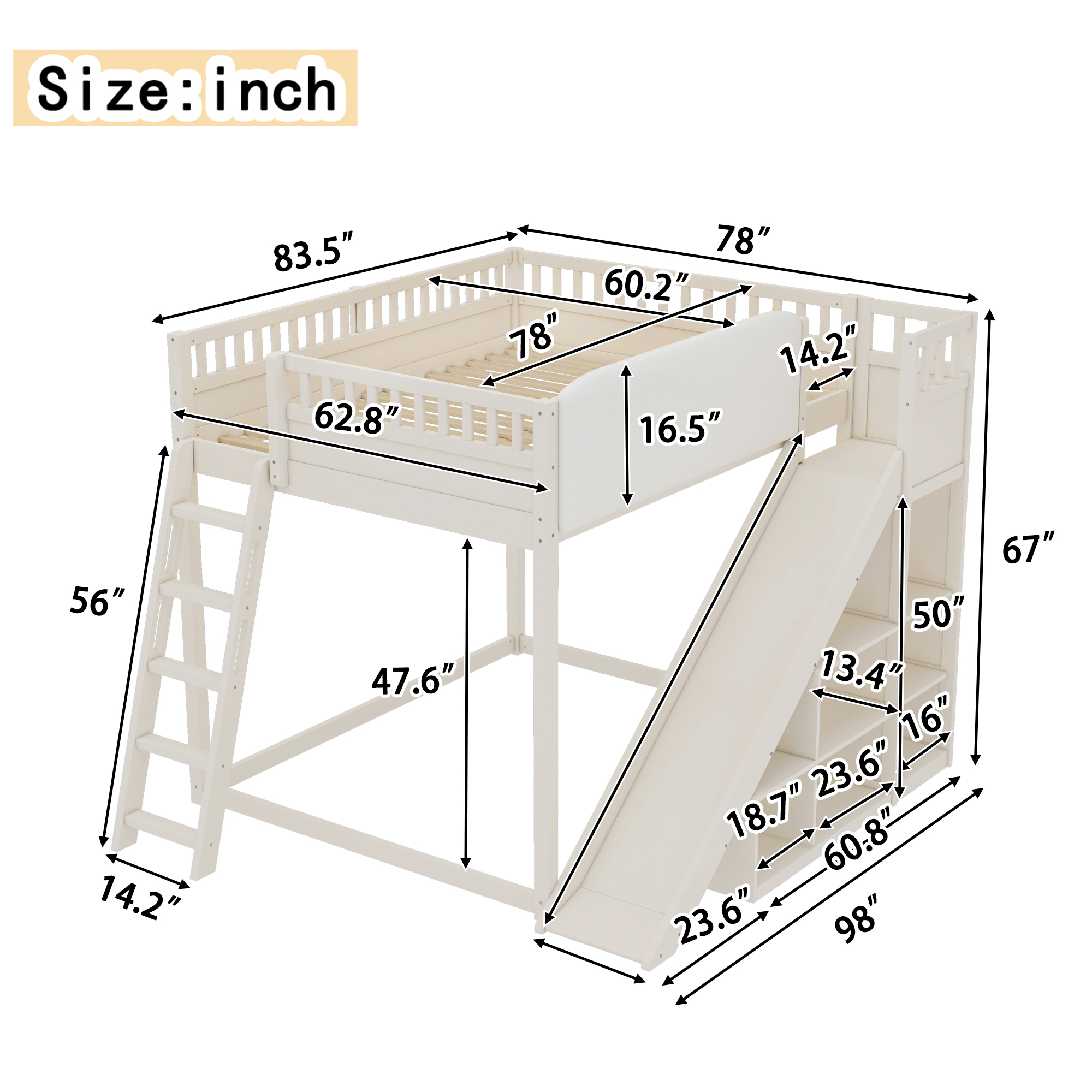 Queen Size Loft Bed with upholstered headboard and storage shelves, complete with ladder and slide, Beige - Image 4