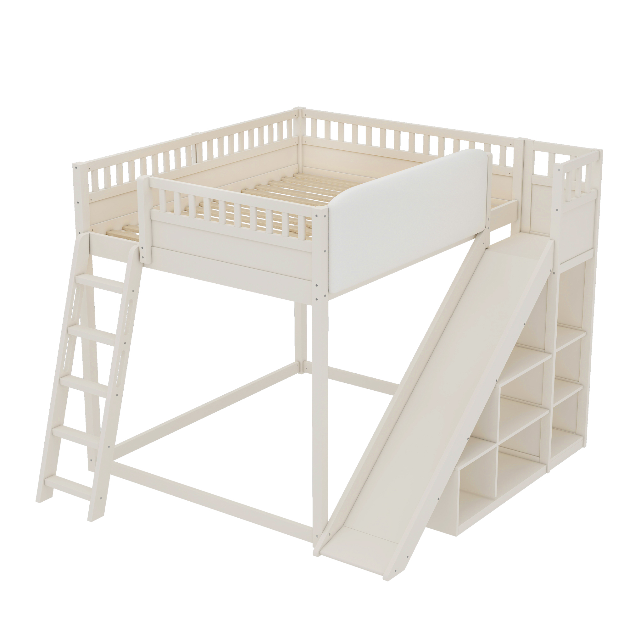 Queen Size Loft Bed with upholstered headboard and storage shelves, complete with ladder and slide, Beige - Image 5