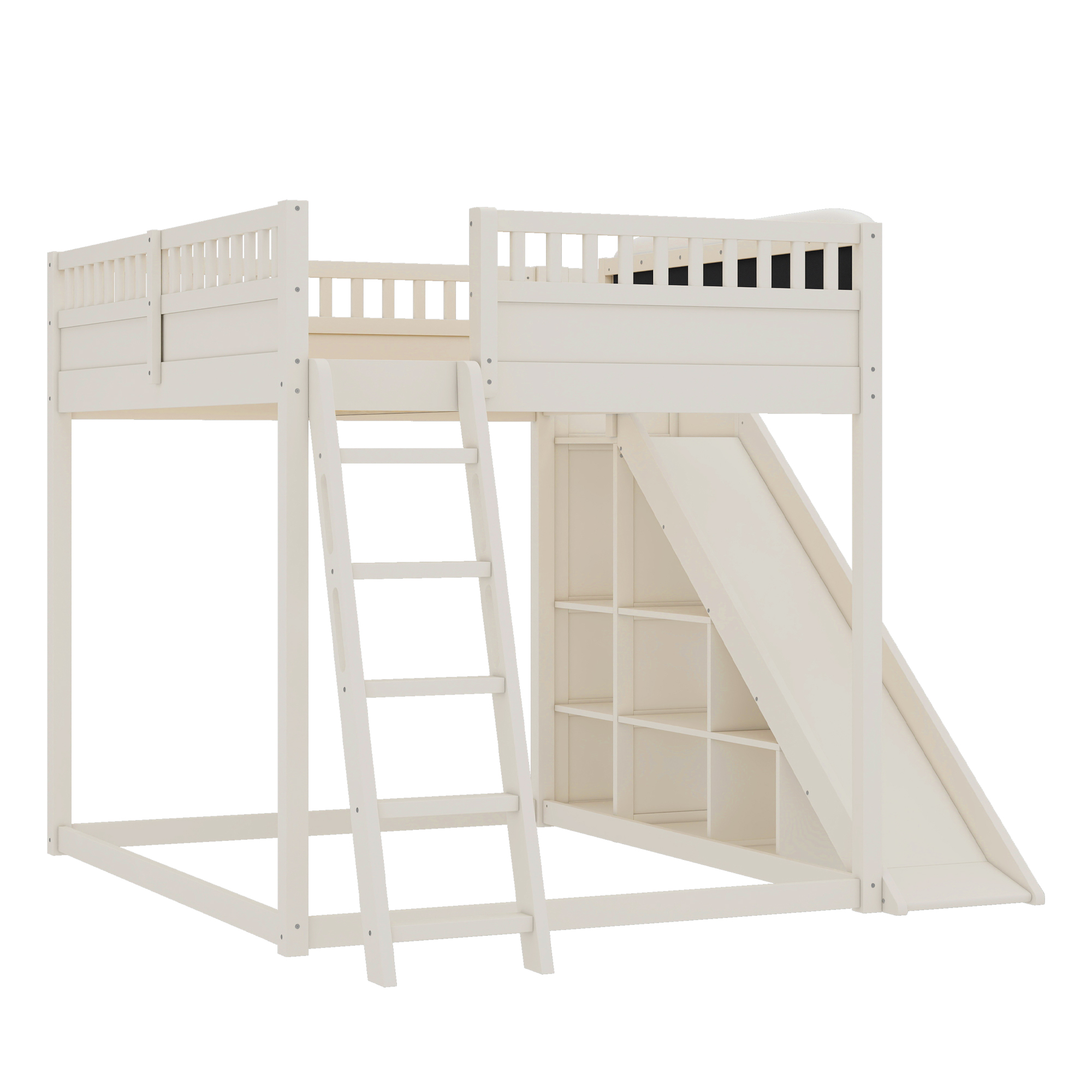 Queen Size Loft Bed with upholstered headboard and storage shelves, complete with ladder and slide, Beige - Image 6