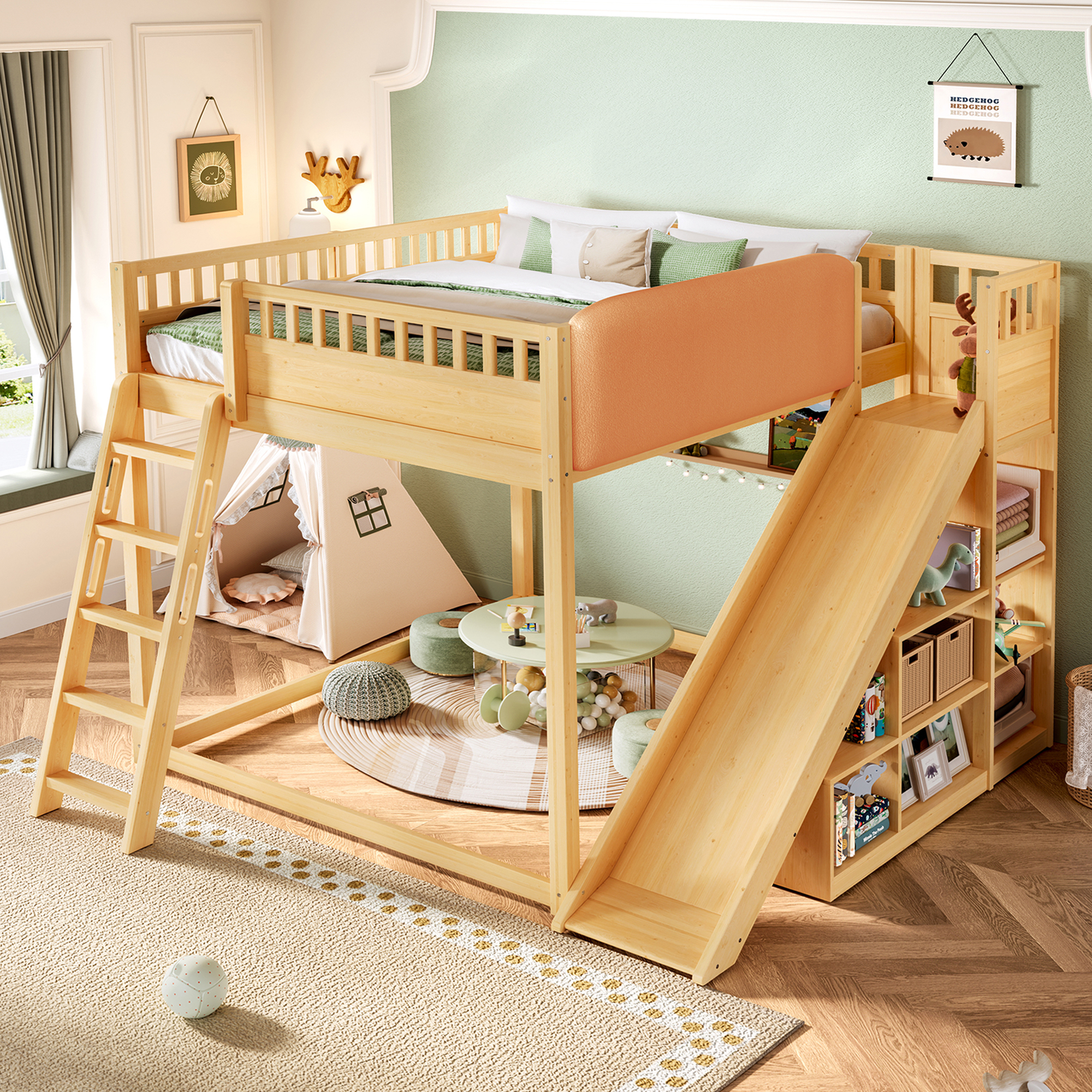 Queen Size Loft Bed with upholstered headboard and storage shelves, complete with ladder and slide, Natural - Image 1