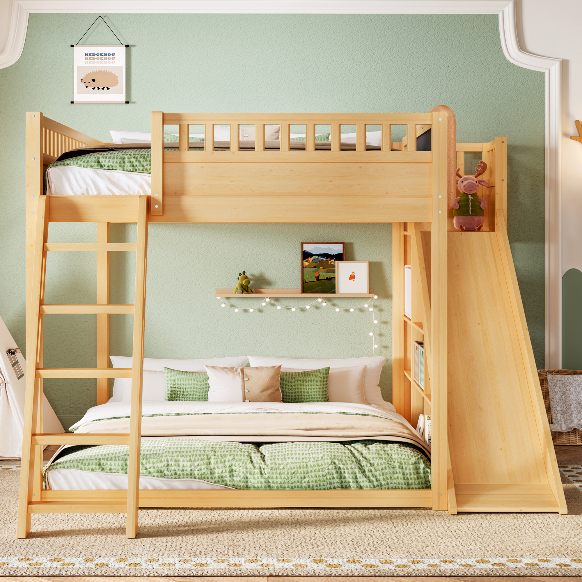 Queen Size Loft Bed with upholstered headboard and storage shelves, complete with ladder and slide, Natural - Image 3