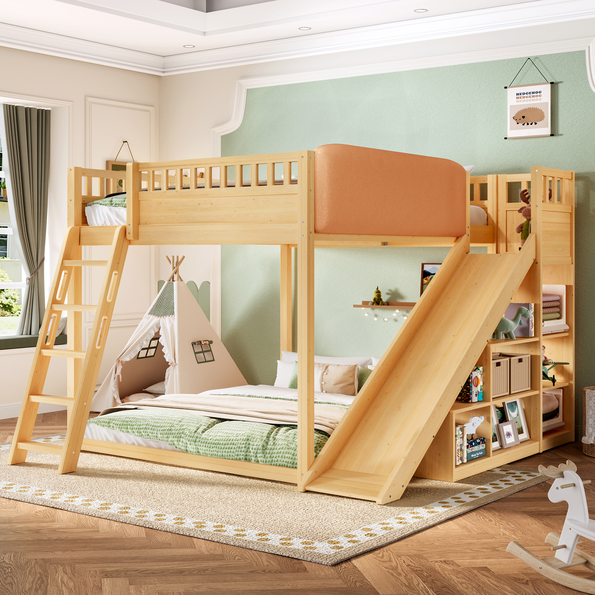 Queen Size Loft Bed with upholstered headboard and storage shelves, complete with ladder and slide, Natural - Image 2