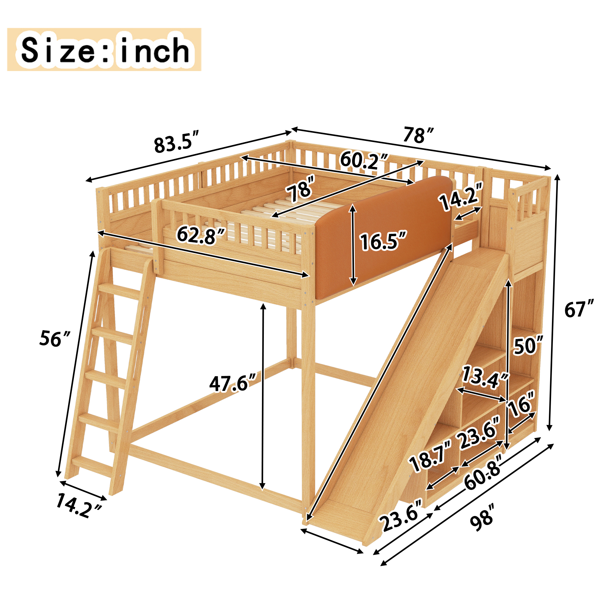 Queen Size Loft Bed with upholstered headboard and storage shelves, complete with ladder and slide, Natural - Image 4