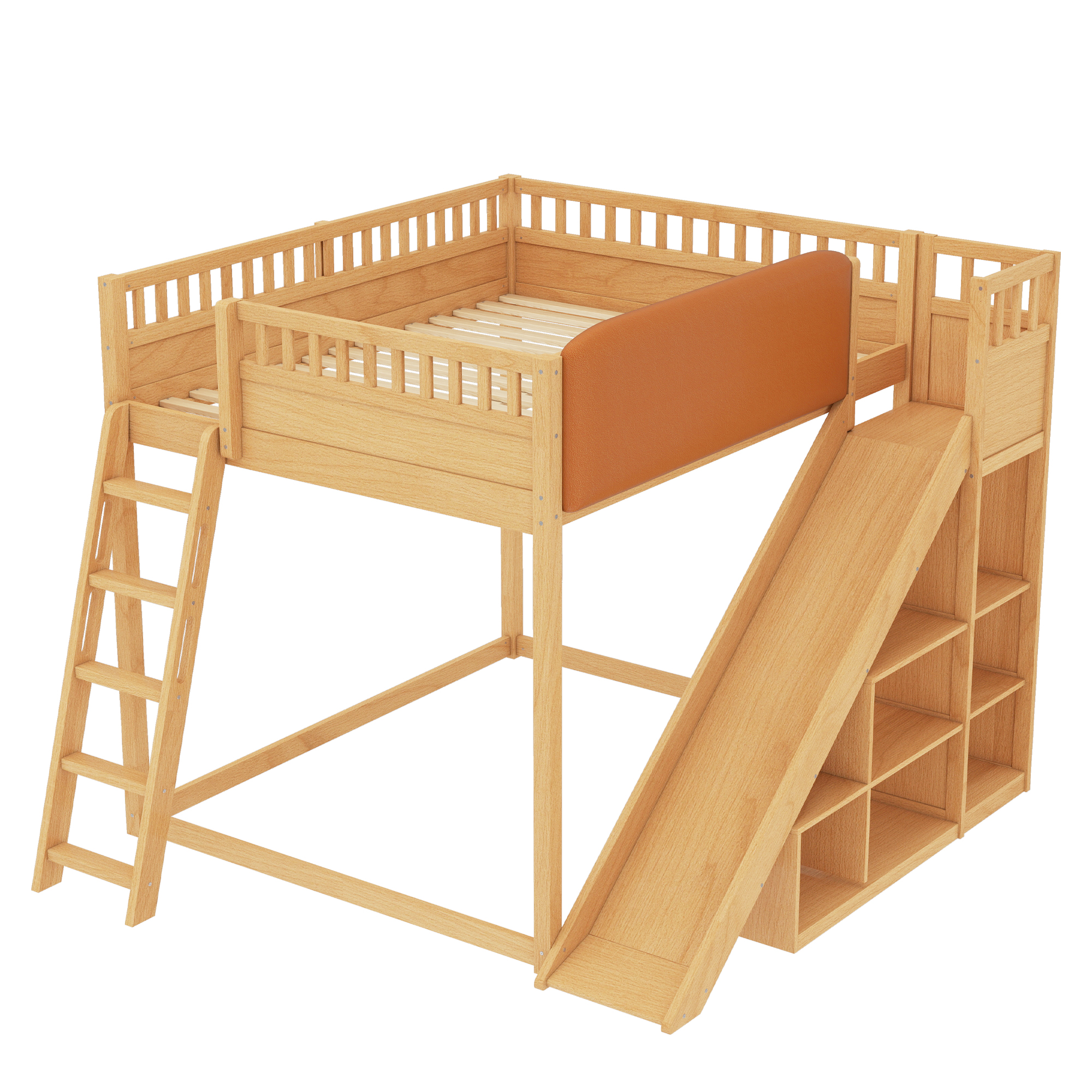 Queen Size Loft Bed with upholstered headboard and storage shelves, complete with ladder and slide, Natural - Image 5