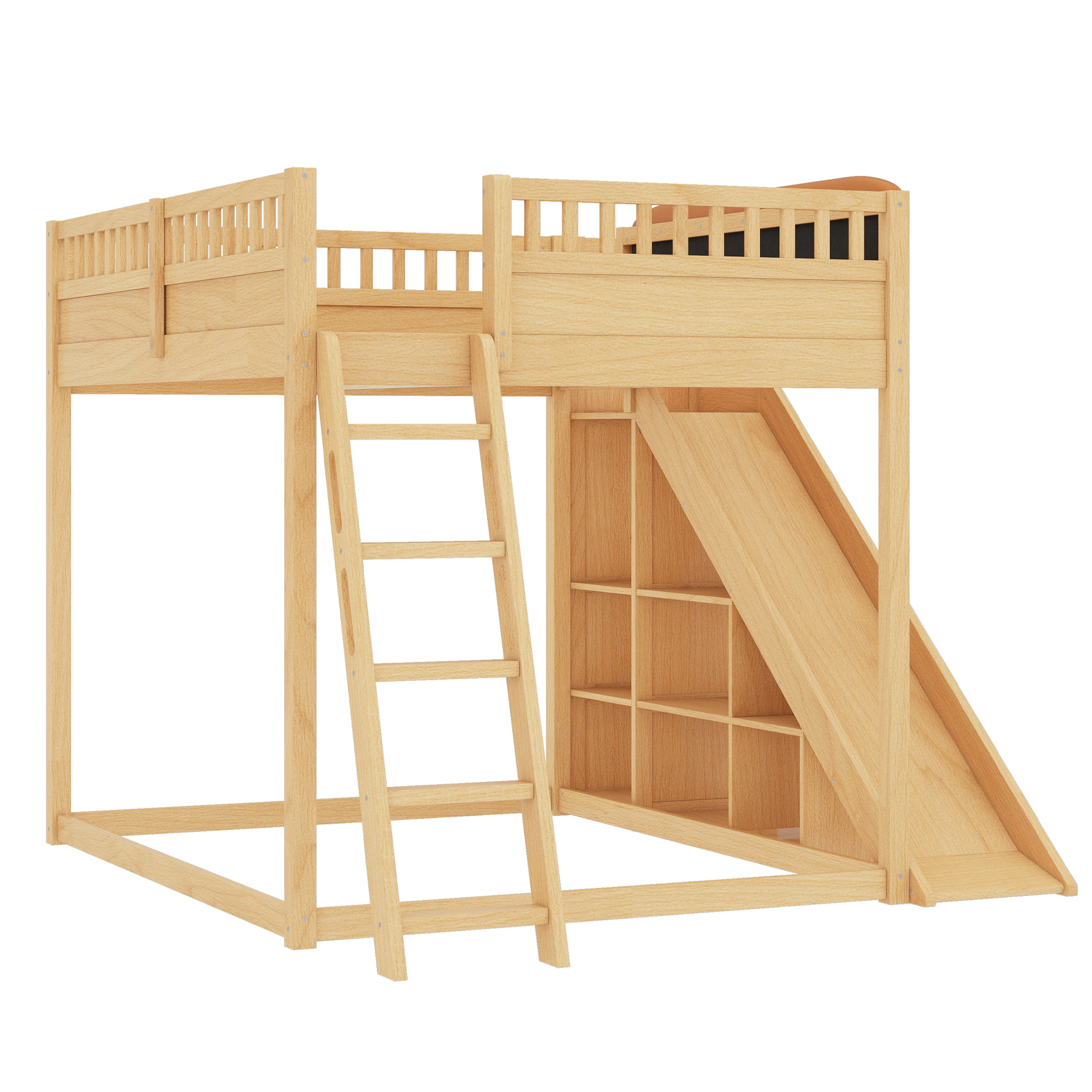 Queen Size Loft Bed with upholstered headboard and storage shelves, complete with ladder and slide, Natural - Image 6