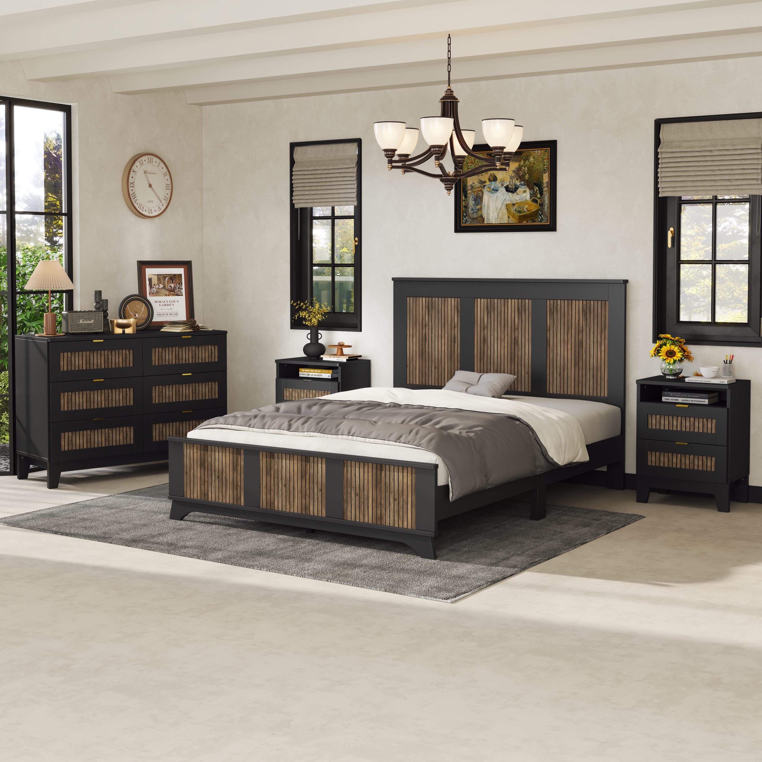 4-Pieces Bedroom Sets, Queen Size Farmhouse Platform Bed with Wooden Strip Stickers Decoration, Storage Nightstand and Dresser with Metal Handle, Black(Old SKU: HL000191AAB) - Image 2