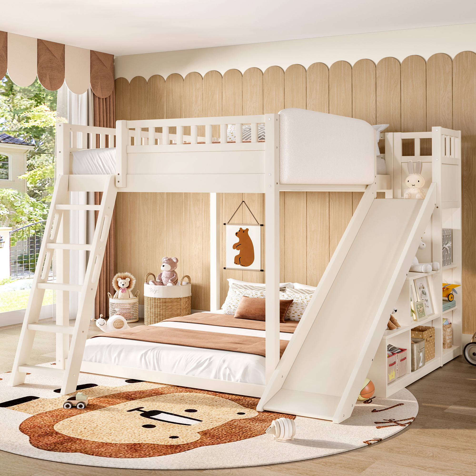 Full Size Loft Bed with upholstered headboard and storage shelves, complete with ladder and slide, Beige - Image 2