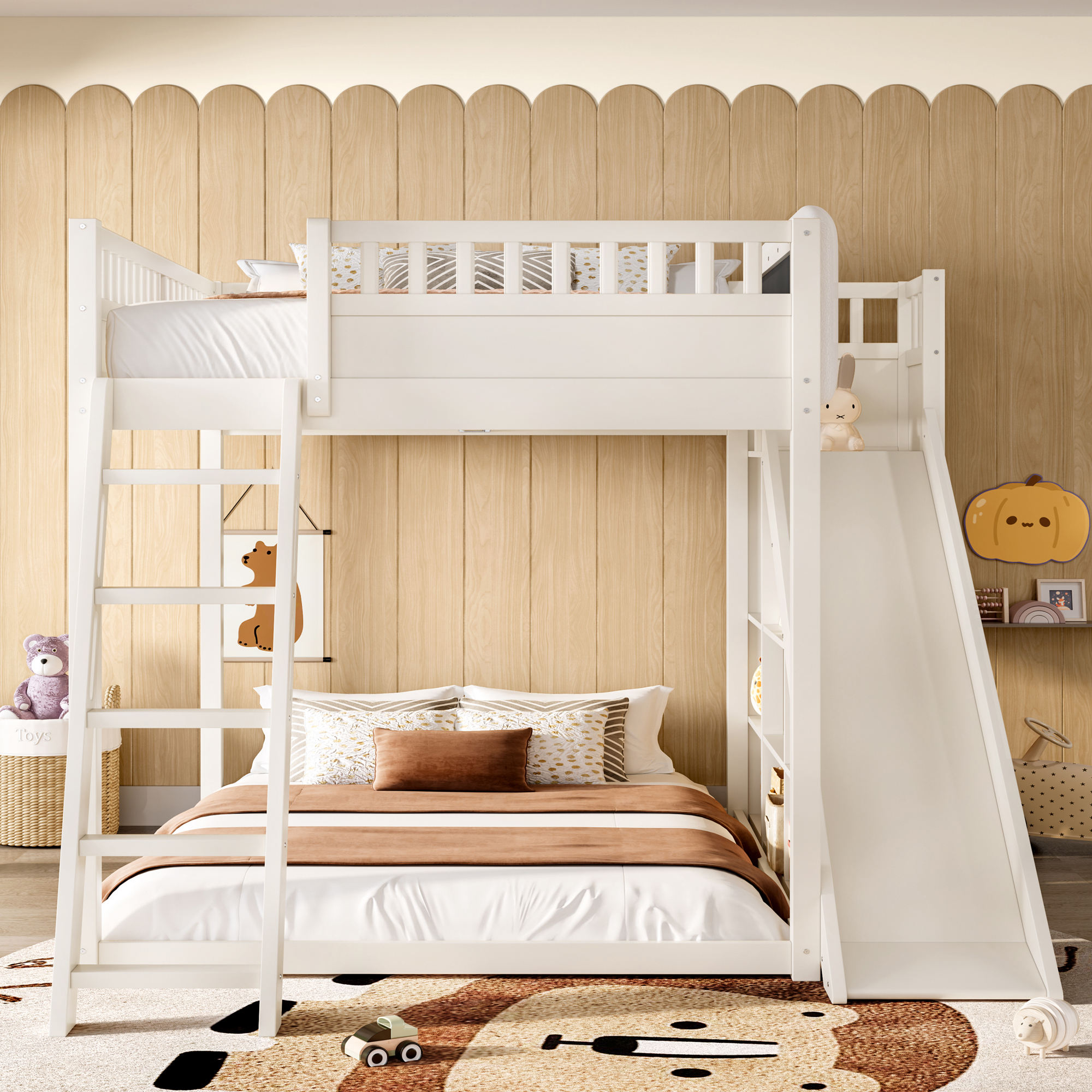 Full Size Loft Bed with upholstered headboard and storage shelves, complete with ladder and slide, Beige - Image 3