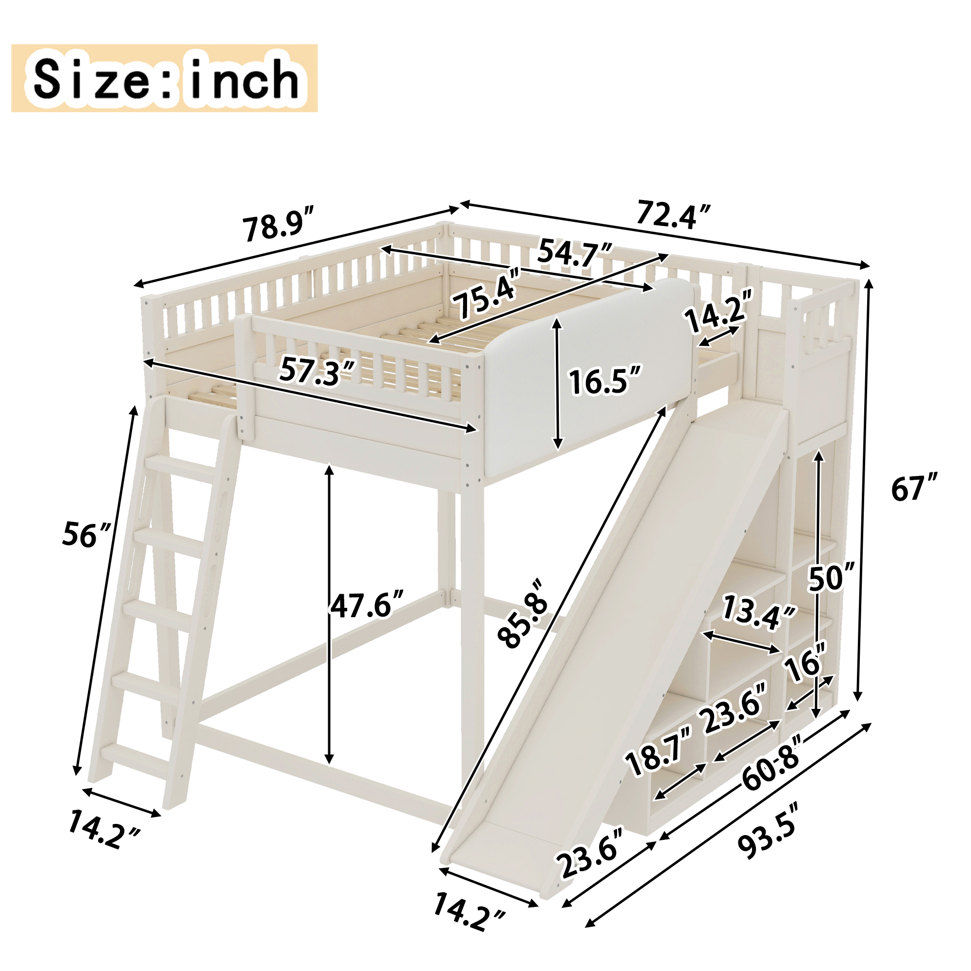 Full Size Loft Bed with upholstered headboard and storage shelves, complete with ladder and slide, Beige - Image 4