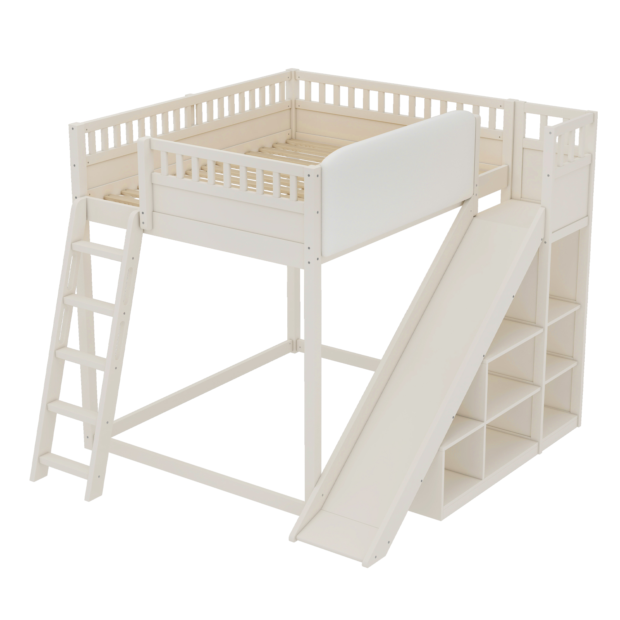 Full Size Loft Bed with upholstered headboard and storage shelves, complete with ladder and slide, Beige - Image 5