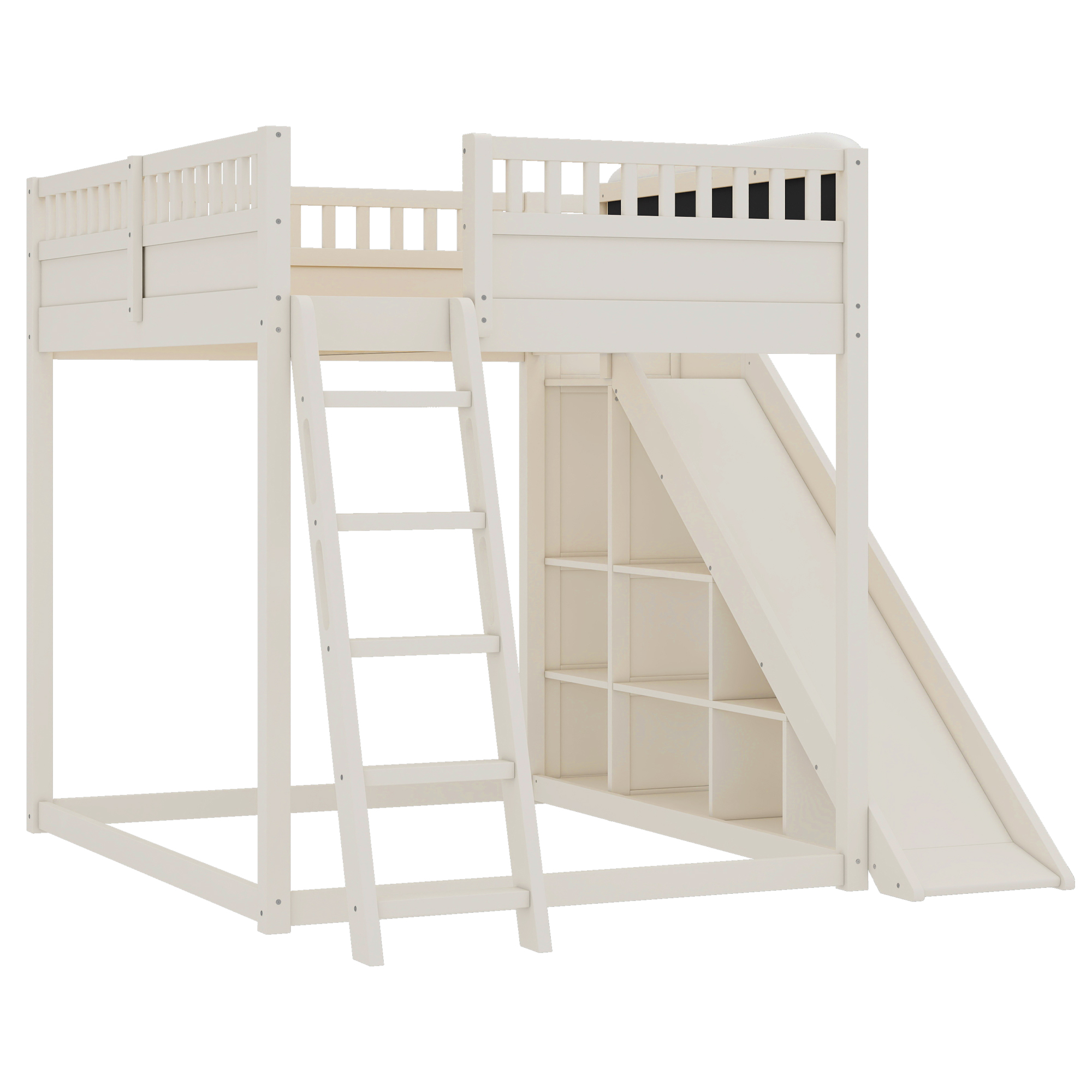 Full Size Loft Bed with upholstered headboard and storage shelves, complete with ladder and slide, Beige - Image 6