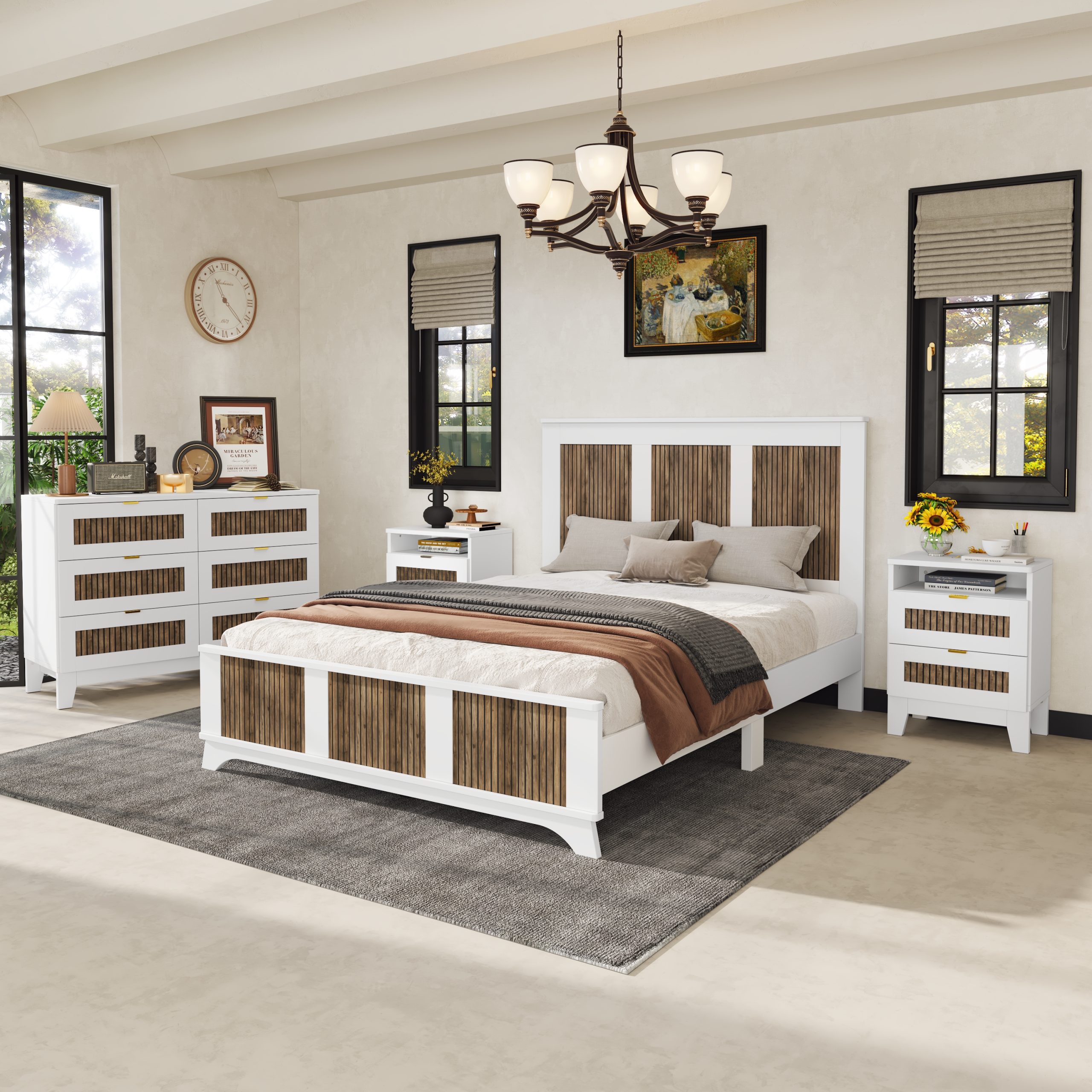 4-Pieces Bedroom Sets, Queen Size Farmhouse Platform Bed with Wooden Strip Stickers Decoration, Storage Nightstand and Dresser with Metal Handle, White(Old SKU: HL000191AAK) - Image 2