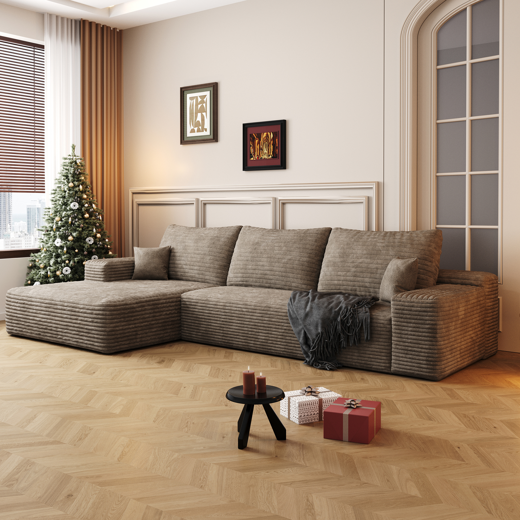 107" Cloud Sectional Couch with L-Shape Chaise,Modern Modular Sofa with Deep Seat, Upholstered Couches for Living Room Bedroom,No Assembly Required, Camel(Plush Corduroy Fabric) - Image 2