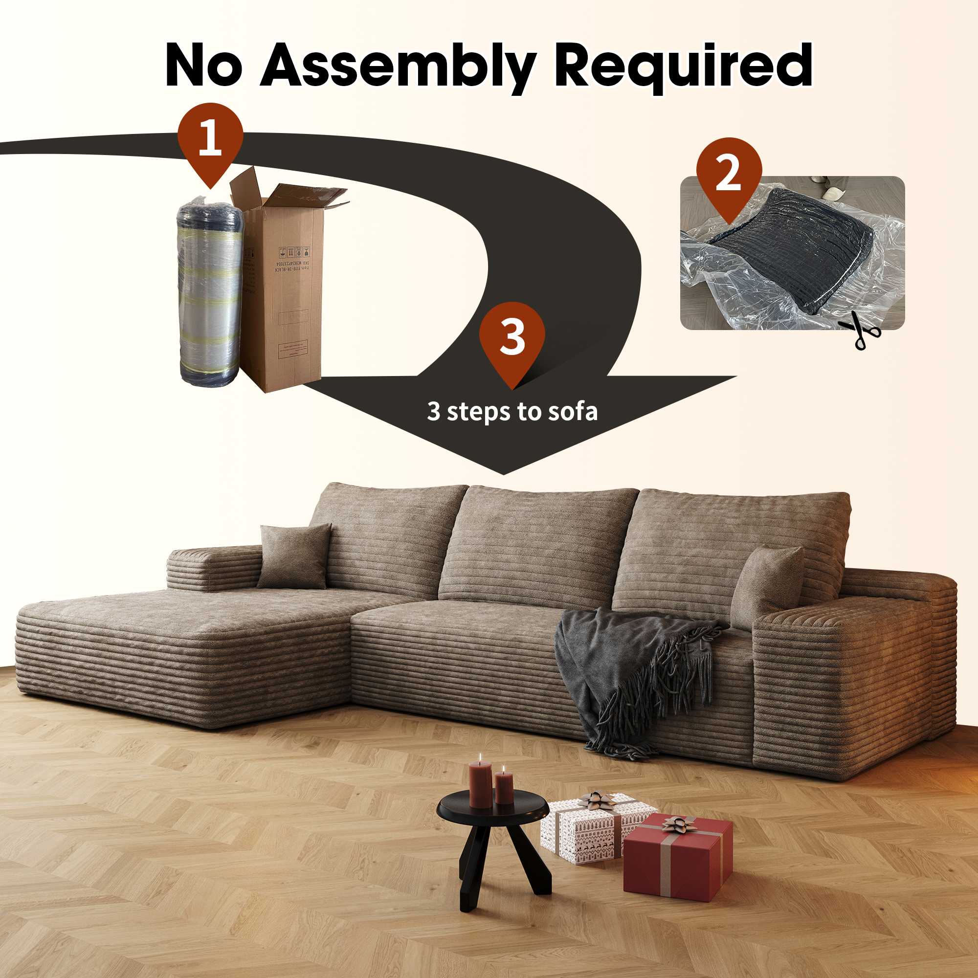 107" Cloud Sectional Couch with L-Shape Chaise,Modern Modular Sofa with Deep Seat, Upholstered Couches for Living Room Bedroom,No Assembly Required, Camel(Plush Corduroy Fabric) - Image 5