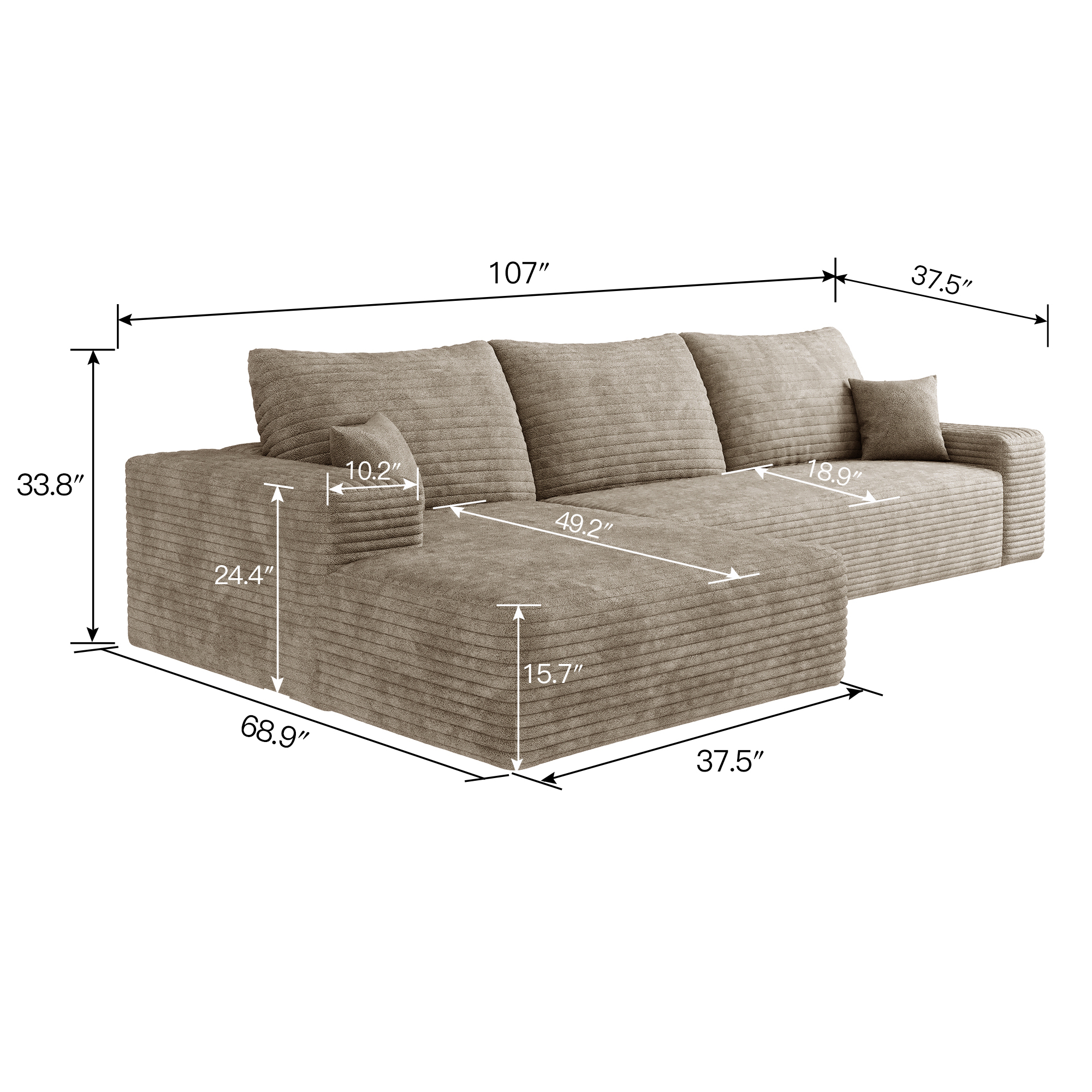 107" Cloud Sectional Couch with L-Shape Chaise,Modern Modular Sofa with Deep Seat, Upholstered Couches for Living Room Bedroom,No Assembly Required, Camel(Plush Corduroy Fabric) - Image 5
