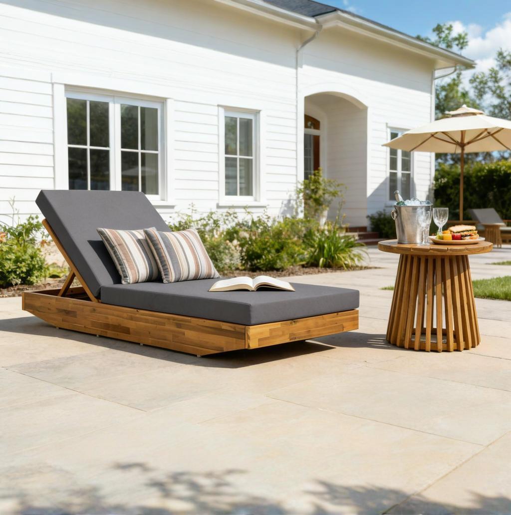 Acacia Wood Chaise Lounge with Cushion - Teak Finish Outdoor Recliner with Dark Grey Water-Repellent Cushion, 79.6" L x 29" W, 300 lbs - Image 4